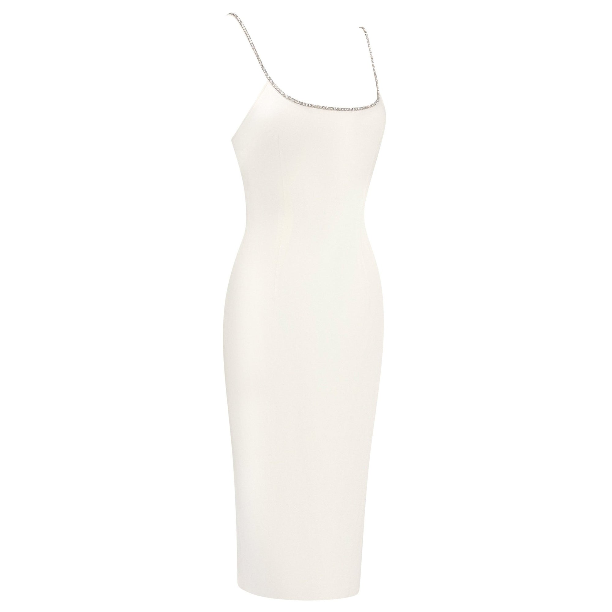 NWT S/S 1995 Dolce & Gabbana White Silk Rhinestone Neckline Hourglass Pin Up Dress - RealList