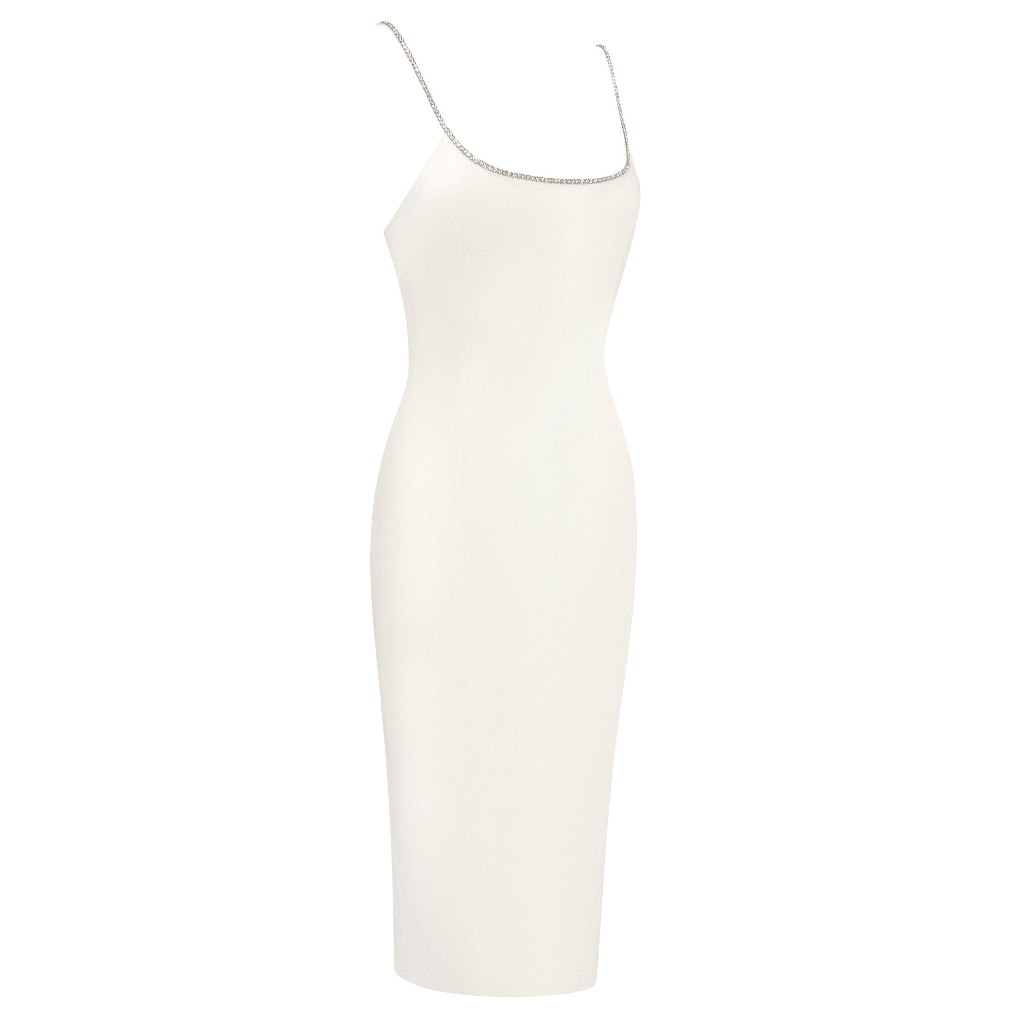 NWT S/S 1995 Dolce & Gabbana White Silk Rhinestone Neckline Hourglass Pin Up Dress - RealList