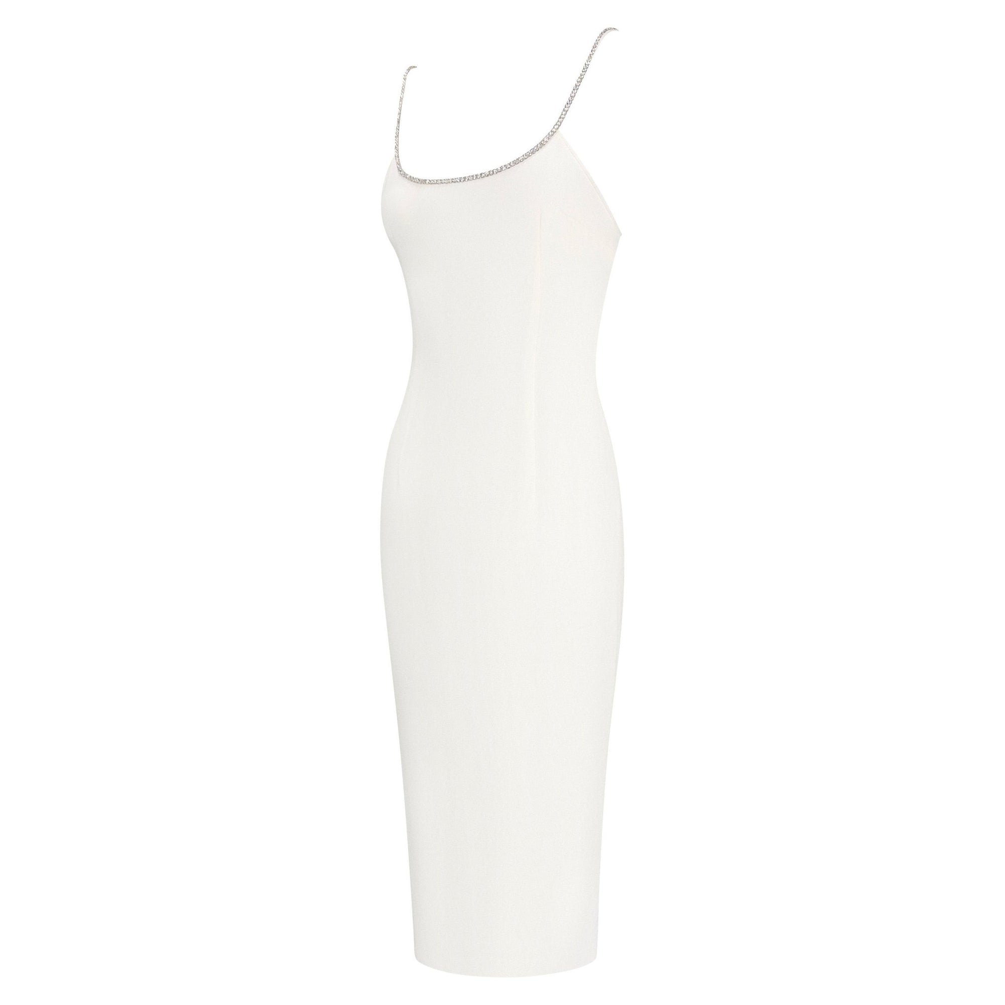 NWT S/S 1995 Dolce & Gabbana White Silk Rhinestone Neckline Hourglass Pin Up Dress - RealList