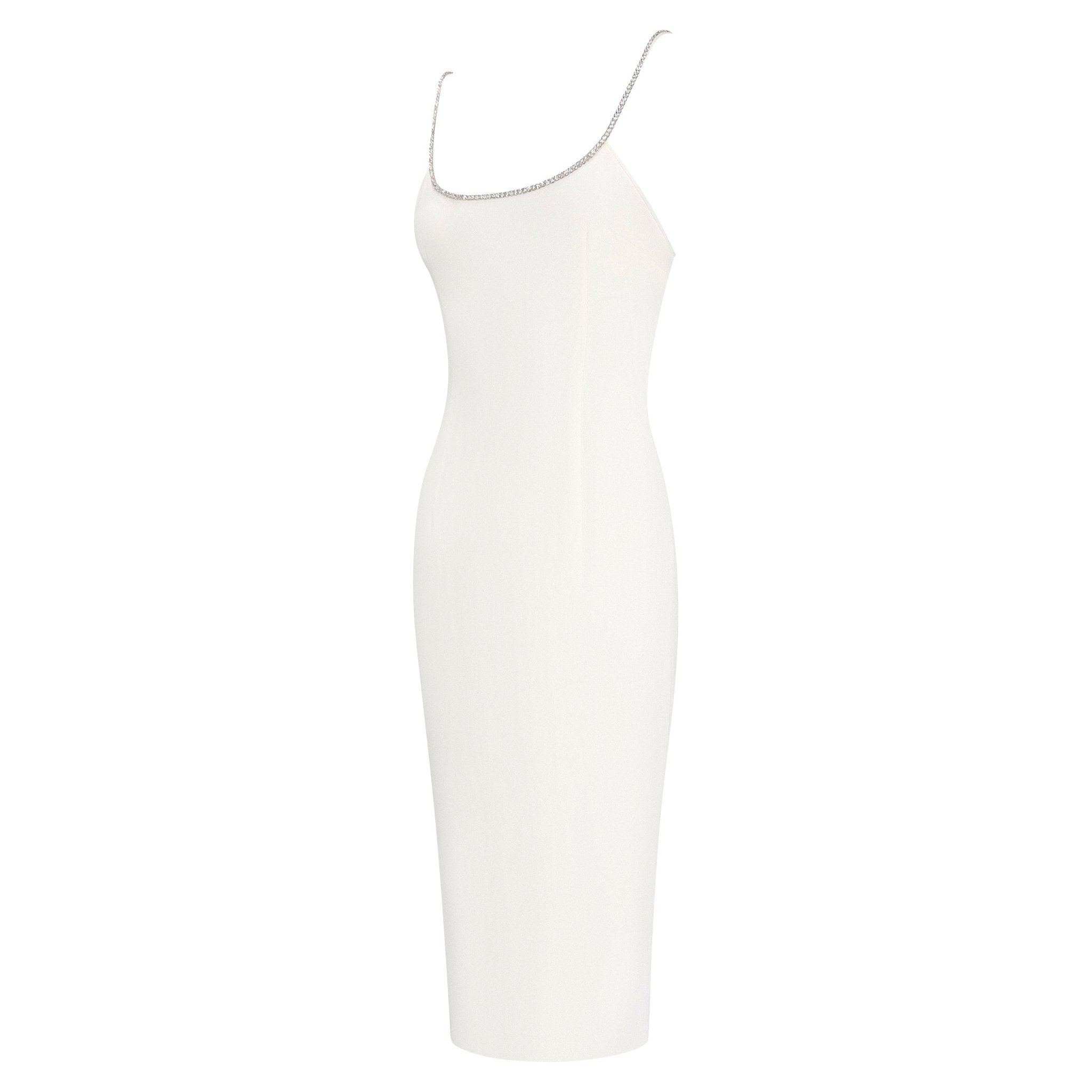 NWT S/S 1995 Dolce & Gabbana White Silk Rhinestone Neckline Hourglass Pin Up Dress - RealList