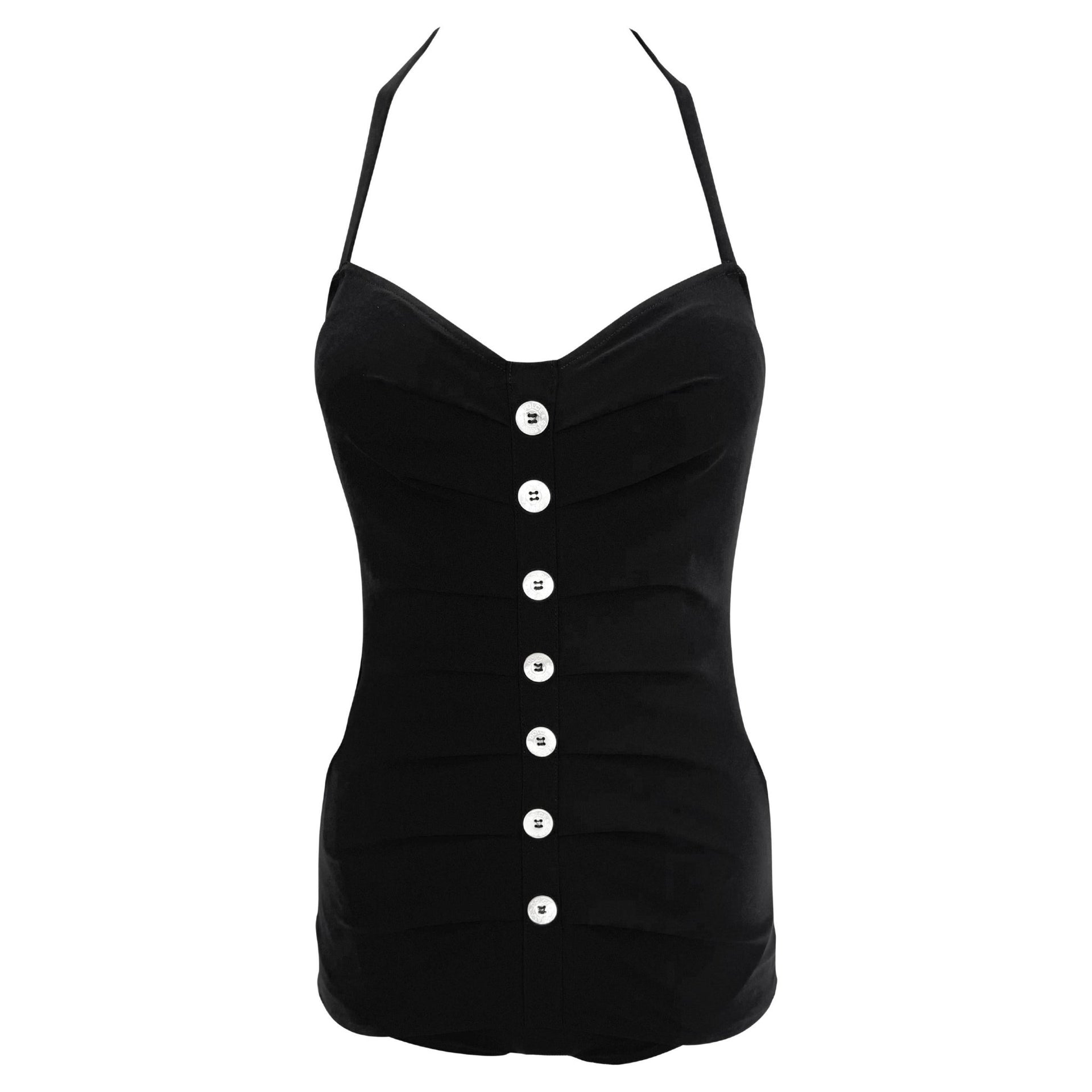 NWT S/S 1996 Dolce & Gabbana Black Pleated Logo Button One - Piece Swimsuit - RealList