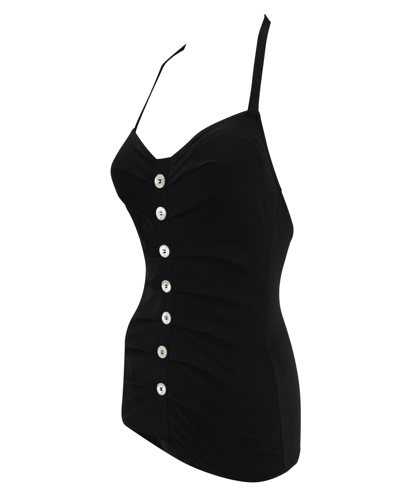 NWT S/S 1996 Dolce & Gabbana Black Pleated Logo Button One - Piece Swimsuit - RealList