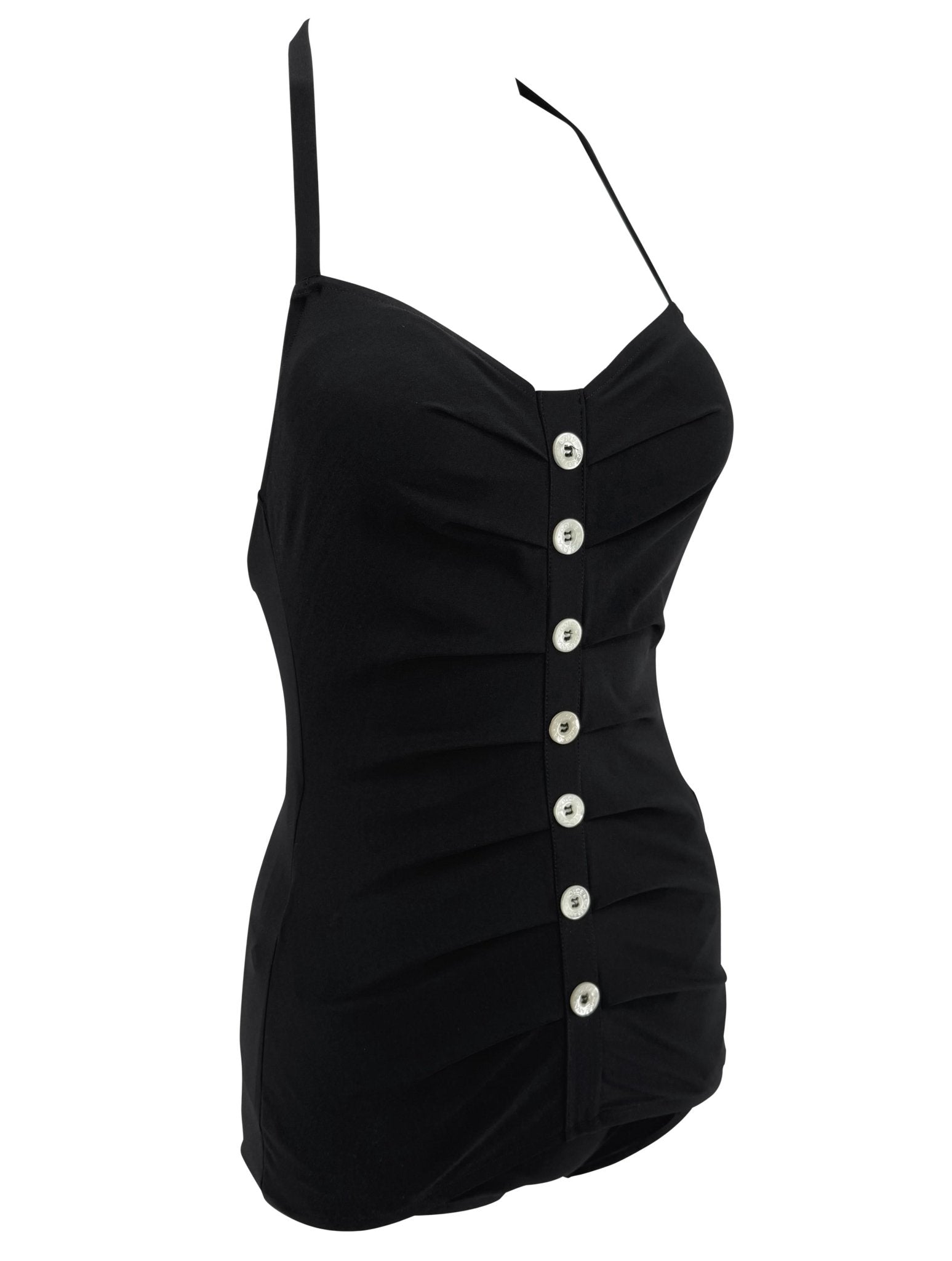 NWT S/S 1996 Dolce & Gabbana Black Pleated Logo Button One - Piece Swimsuit - RealList
