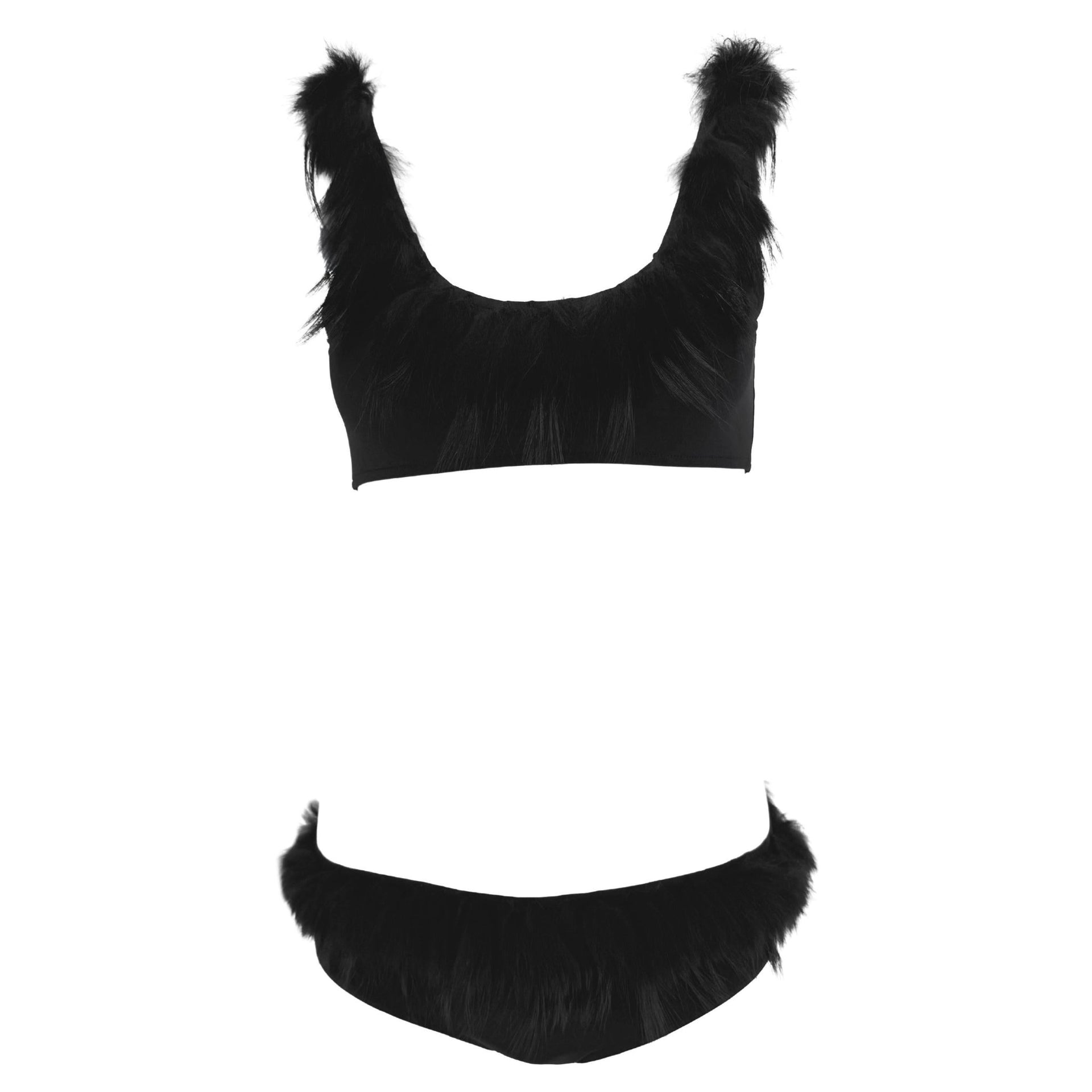 NWT S/S 1998 Fendi by Karl Lagerfeld Black Fur Appliqué Bikini Swimsuit Set - RealList