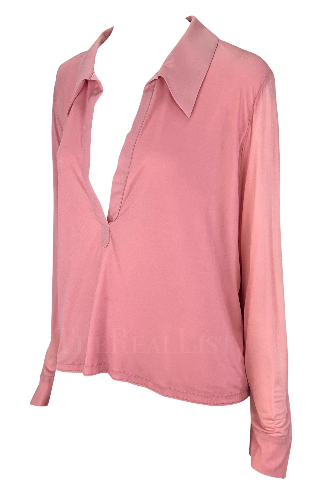 NWT S/S 2000 Gucci by Tom Ford Runway Ad Plunging Pink Collared Blouse Top - RealList