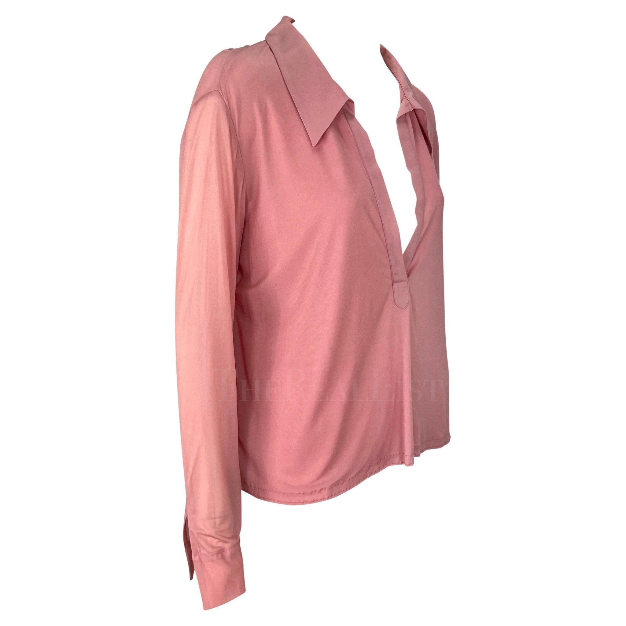 NWT S/S 2000 Gucci by Tom Ford Runway Ad Plunging Pink Collared Blouse Top - RealList