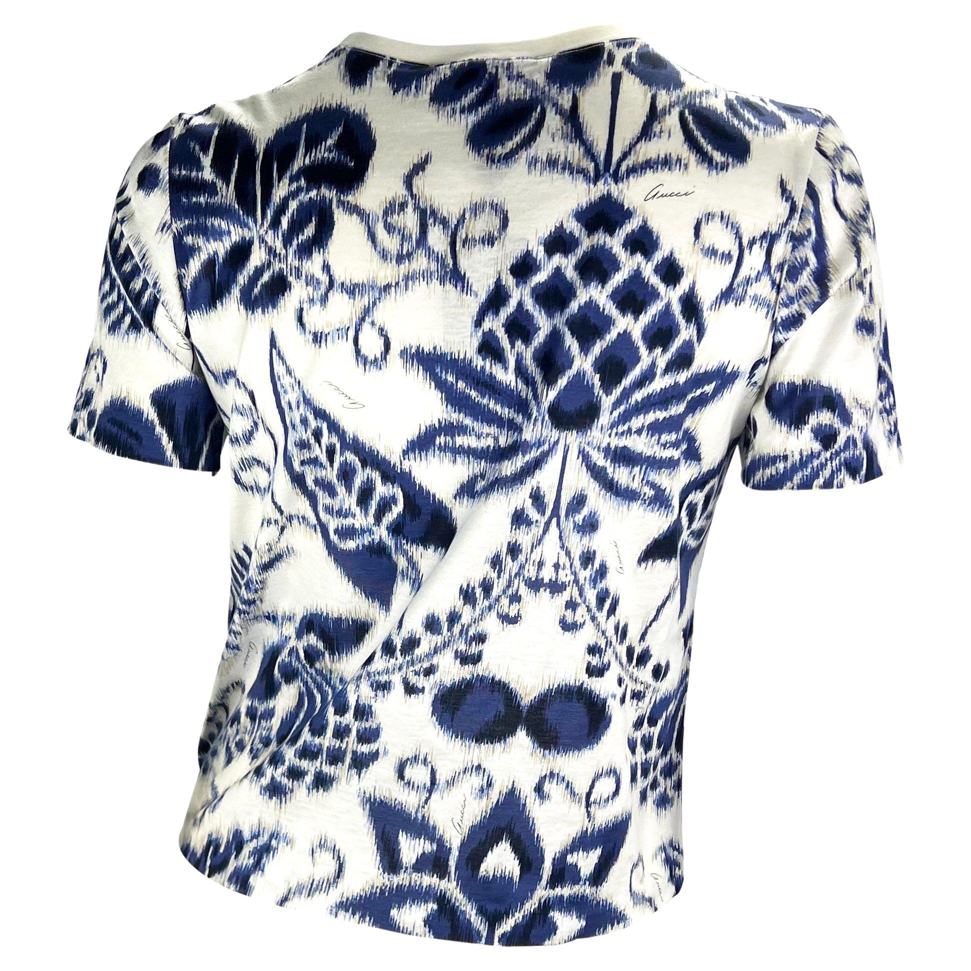 NWT S/S 2000 Gucci by Tom Ford White Navy Havana Logo Print Cotton T-Shirt - RealList