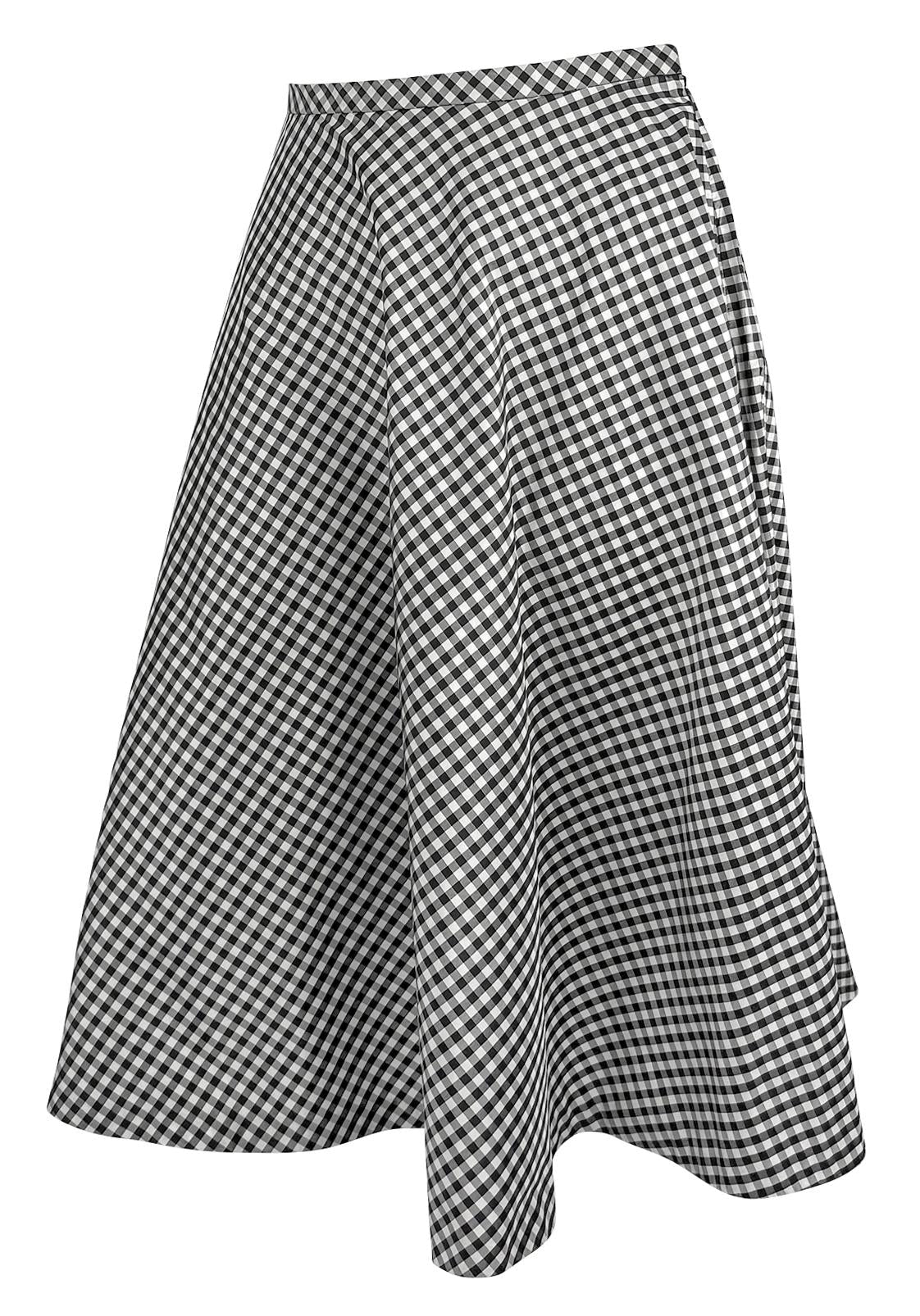 NWT S/S 2000 Ralph Lauren White Black Gingham Silk Taffeta Flare Midi Skirt - RealList