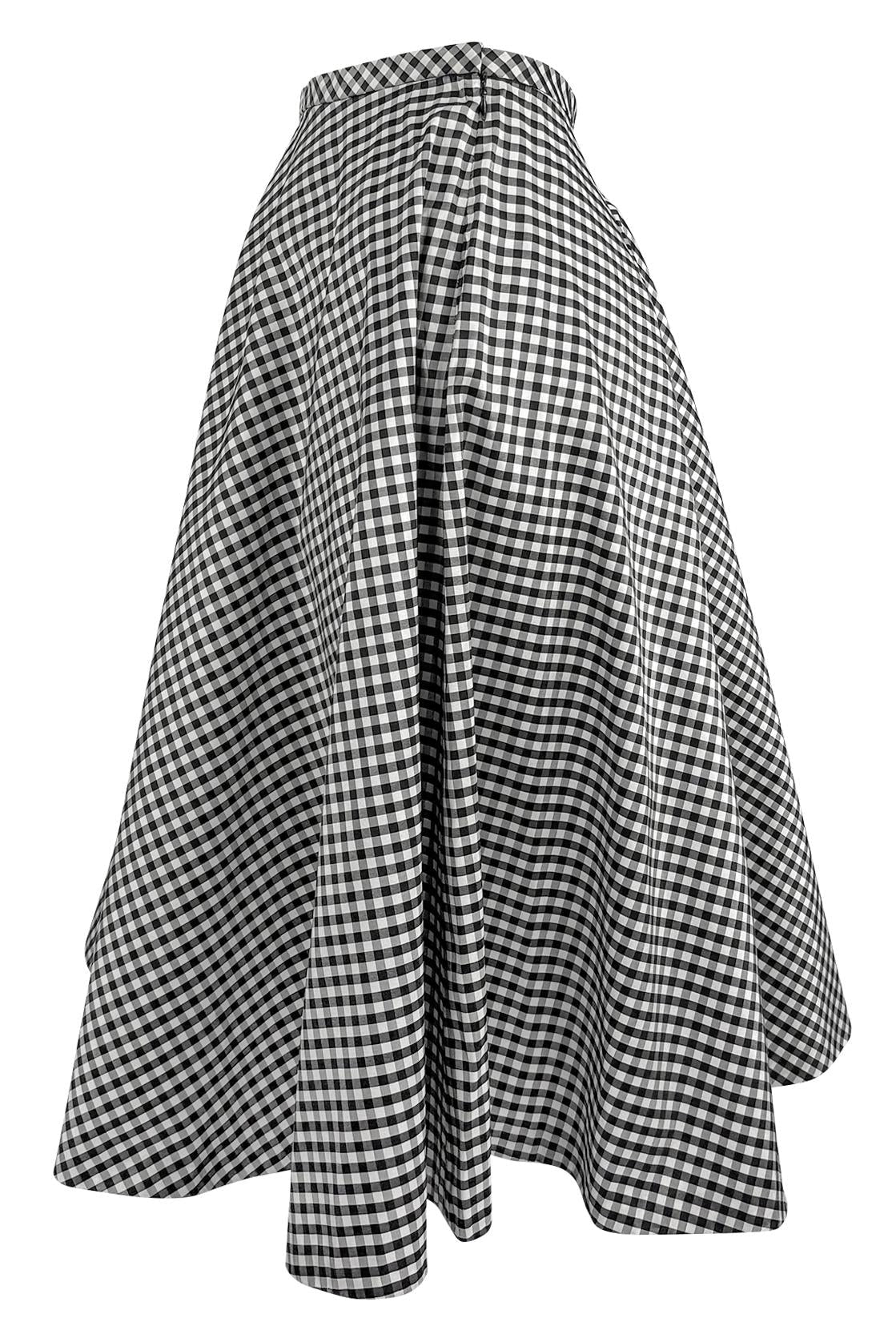 NWT S/S 2000 Ralph Lauren White Black Gingham Silk Taffeta Flare Midi Skirt - RealList