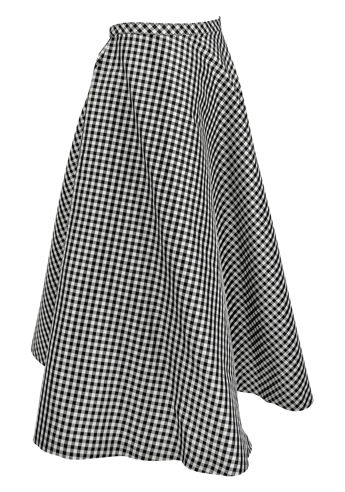 NWT S/S 2000 Ralph Lauren White Black Gingham Silk Taffeta Flare Midi Skirt - RealList
