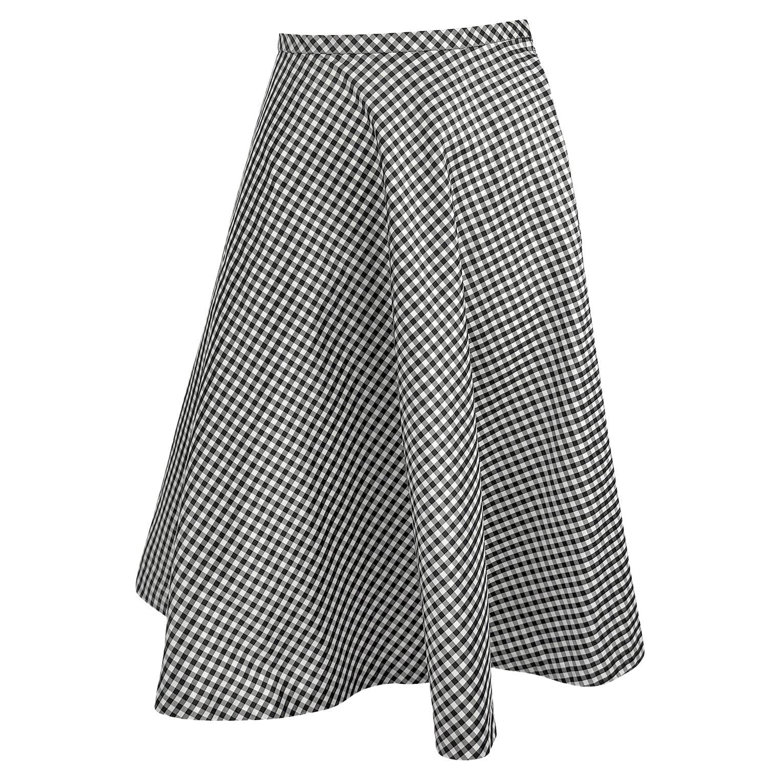 NWT S/S 2000 Ralph Lauren White Black Gingham Silk Taffeta Flare Midi Skirt - RealList