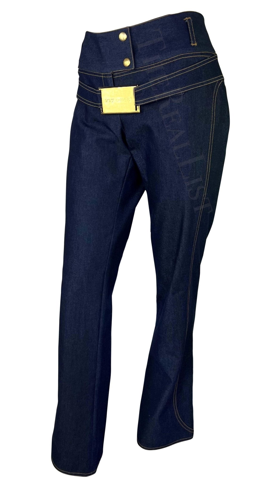 NWT S/S 2001 Dolce & Gabbana Runway Logo Gold Buckle Denim Blue Jeans - RealList