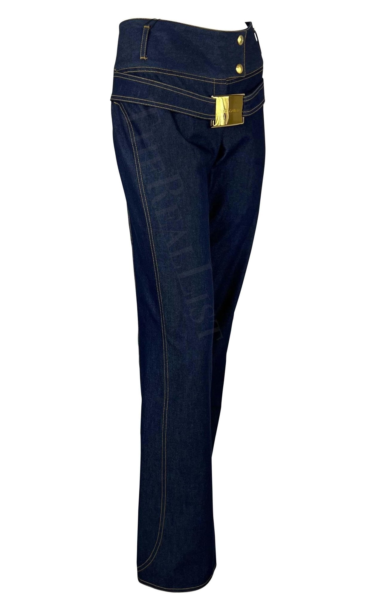NWT S/S 2001 Dolce & Gabbana Runway Logo Gold Buckle Denim Blue Jeans - RealList