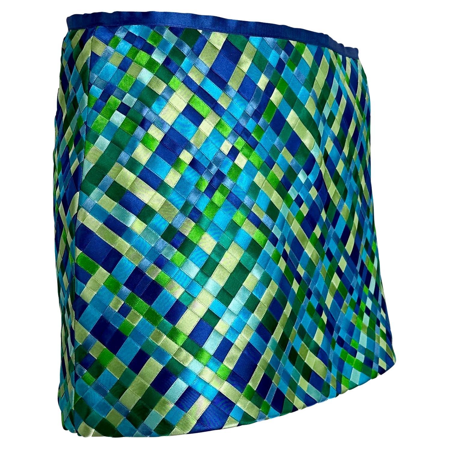 NWT S/S 2002 Dolce & Gabbana Runway Blue Green Satin Woven Ribbon Mini Skirt Y2K - RealList