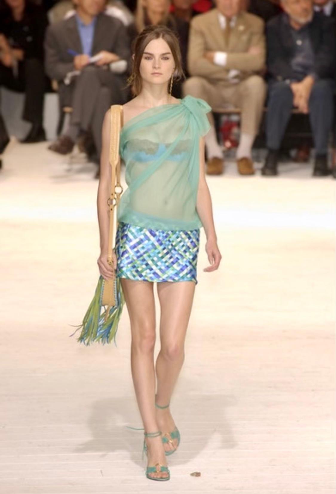 NWT S/S 2002 Dolce & Gabbana Runway Blue Green Satin Woven Ribbon Mini Skirt Y2K - RealList