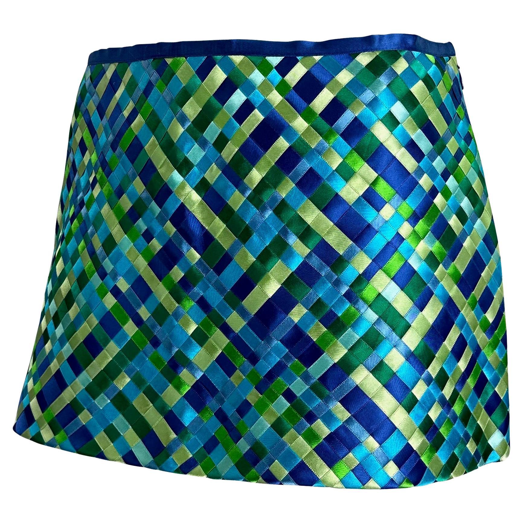 NWT S/S 2002 Dolce & Gabbana Runway Blue Green Satin Woven Ribbon Mini Skirt Y2K - RealList