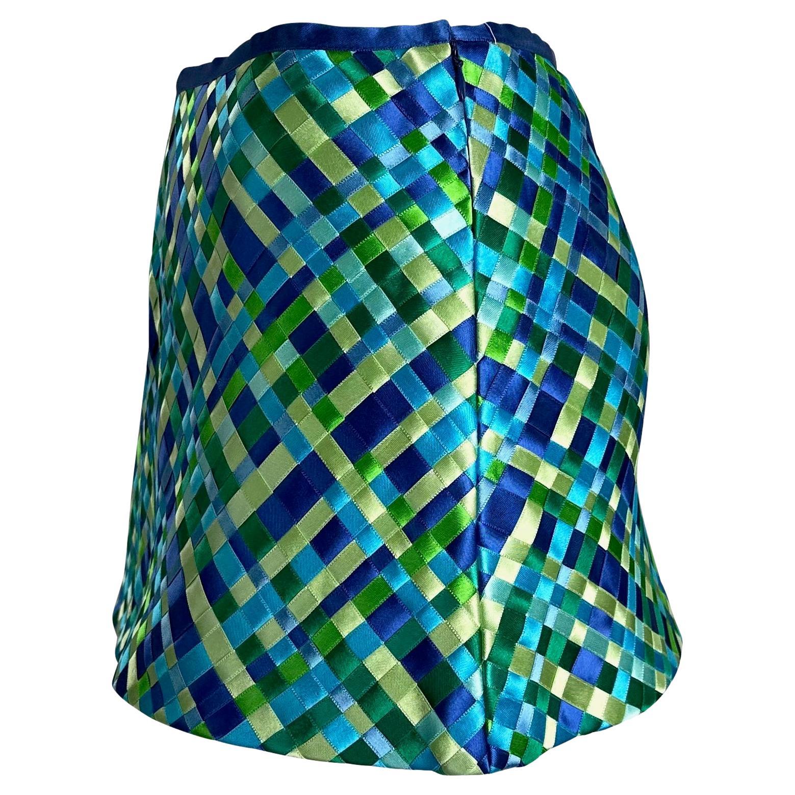 NWT S/S 2002 Dolce & Gabbana Runway Blue Green Satin Woven Ribbon Mini Skirt Y2K - RealList