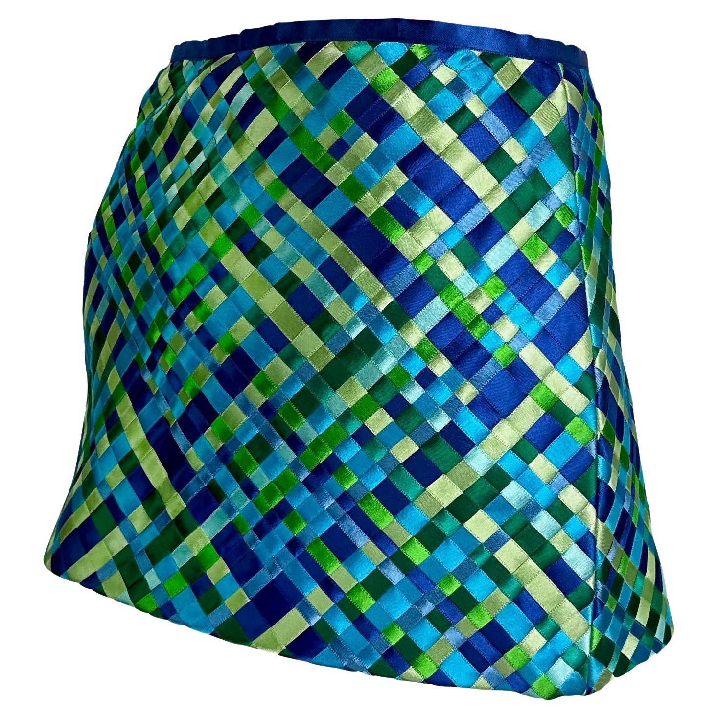 NWT S/S 2002 Dolce & Gabbana Runway Blue Green Satin Woven Ribbon Mini Skirt Y2K - RealList