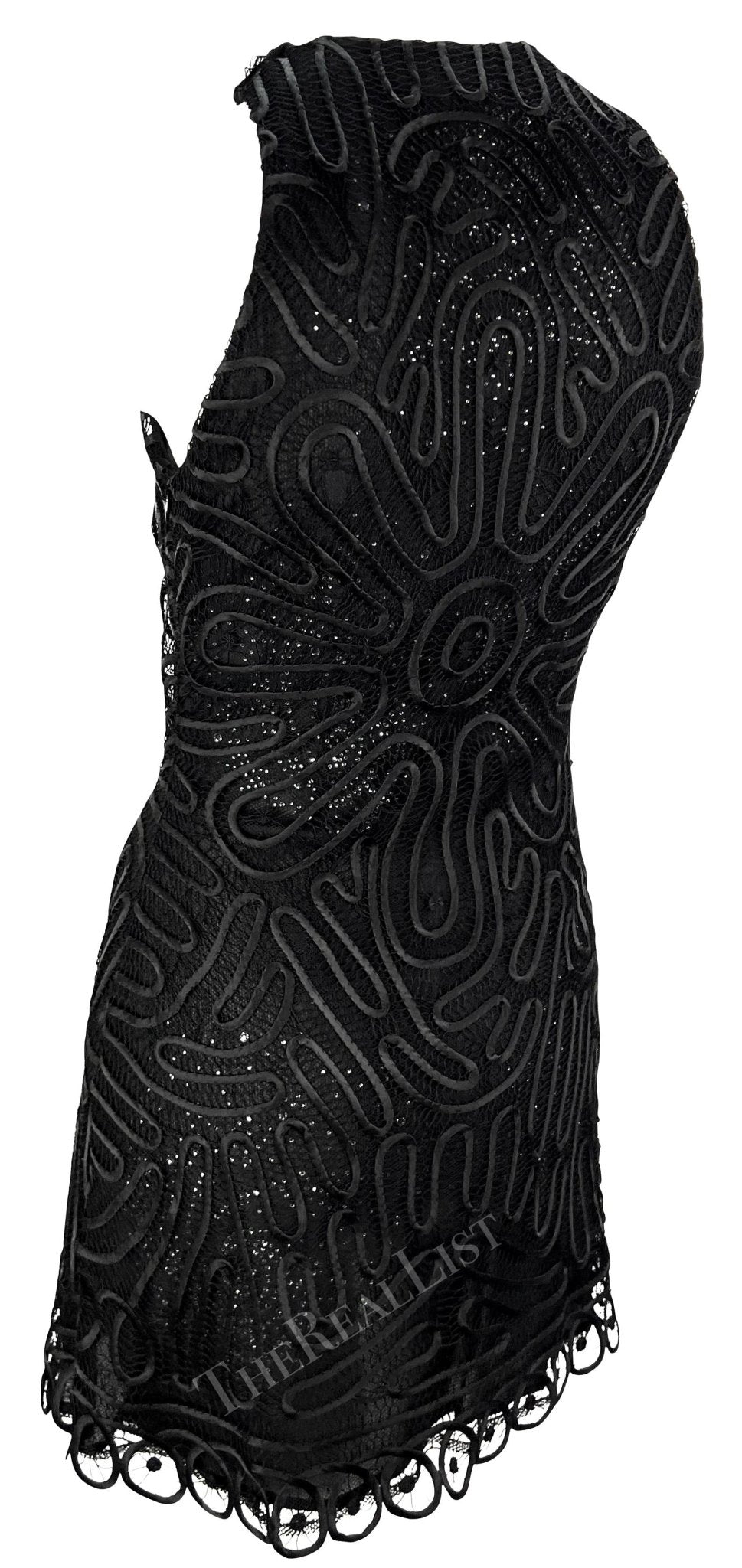 NWT S/S 2002 Gianni Versace by Donatella Sheer Rhinestone Lace Black Mini Dress - RealList
