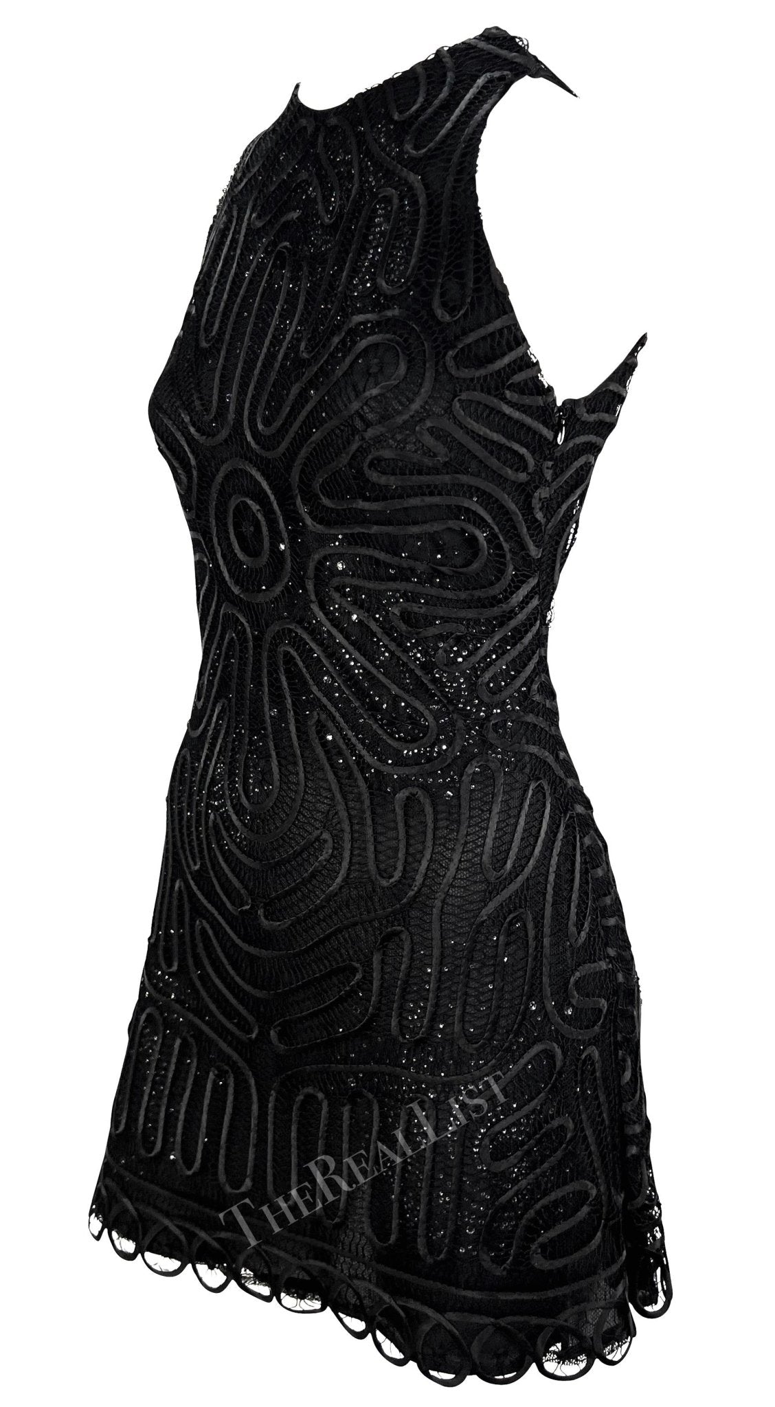 NWT S/S 2002 Gianni Versace by Donatella Sheer Rhinestone Lace Black Mini Dress - RealList
