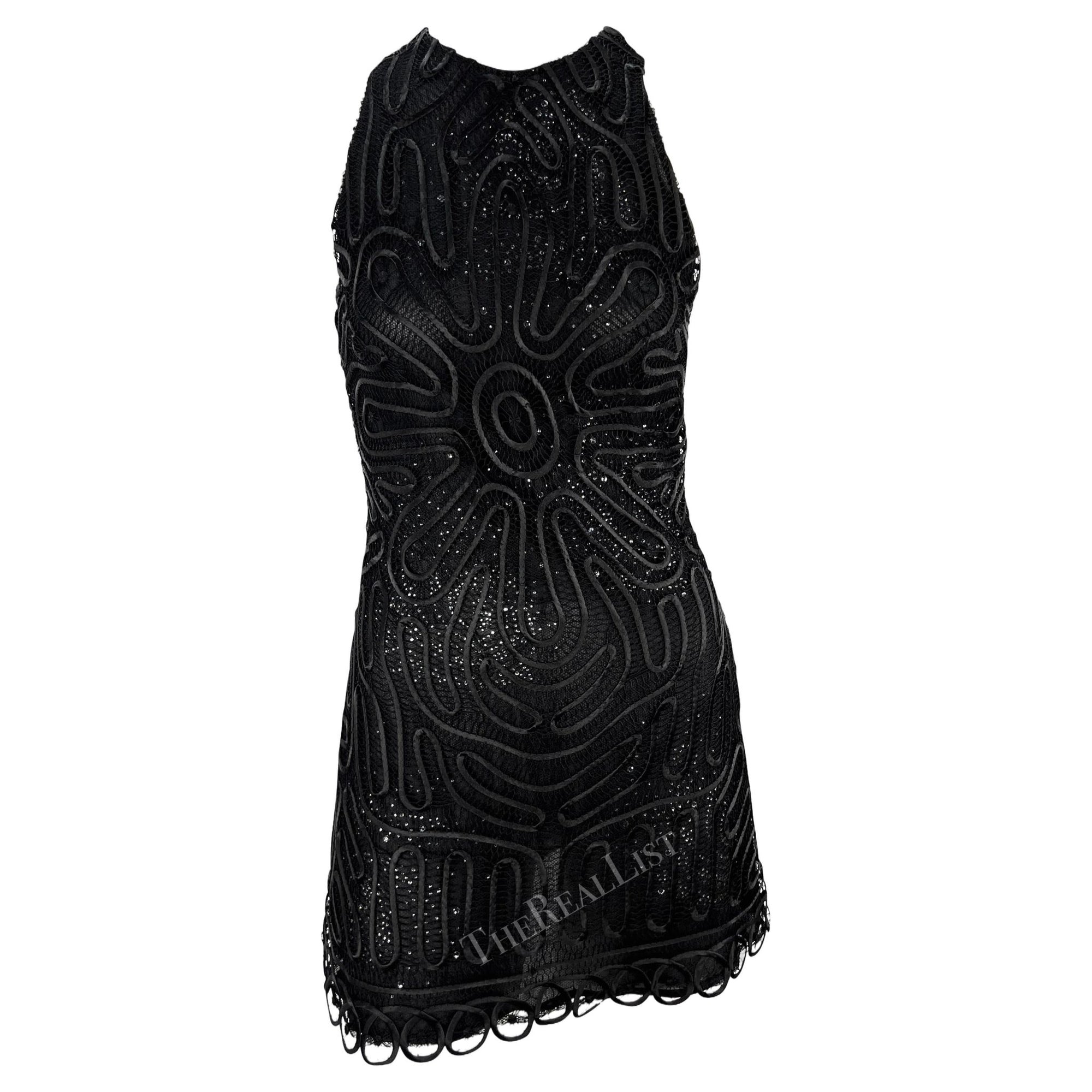 NWT S/S 2002 Gianni Versace by Donatella Sheer Rhinestone Lace Black Mini Dress - RealList