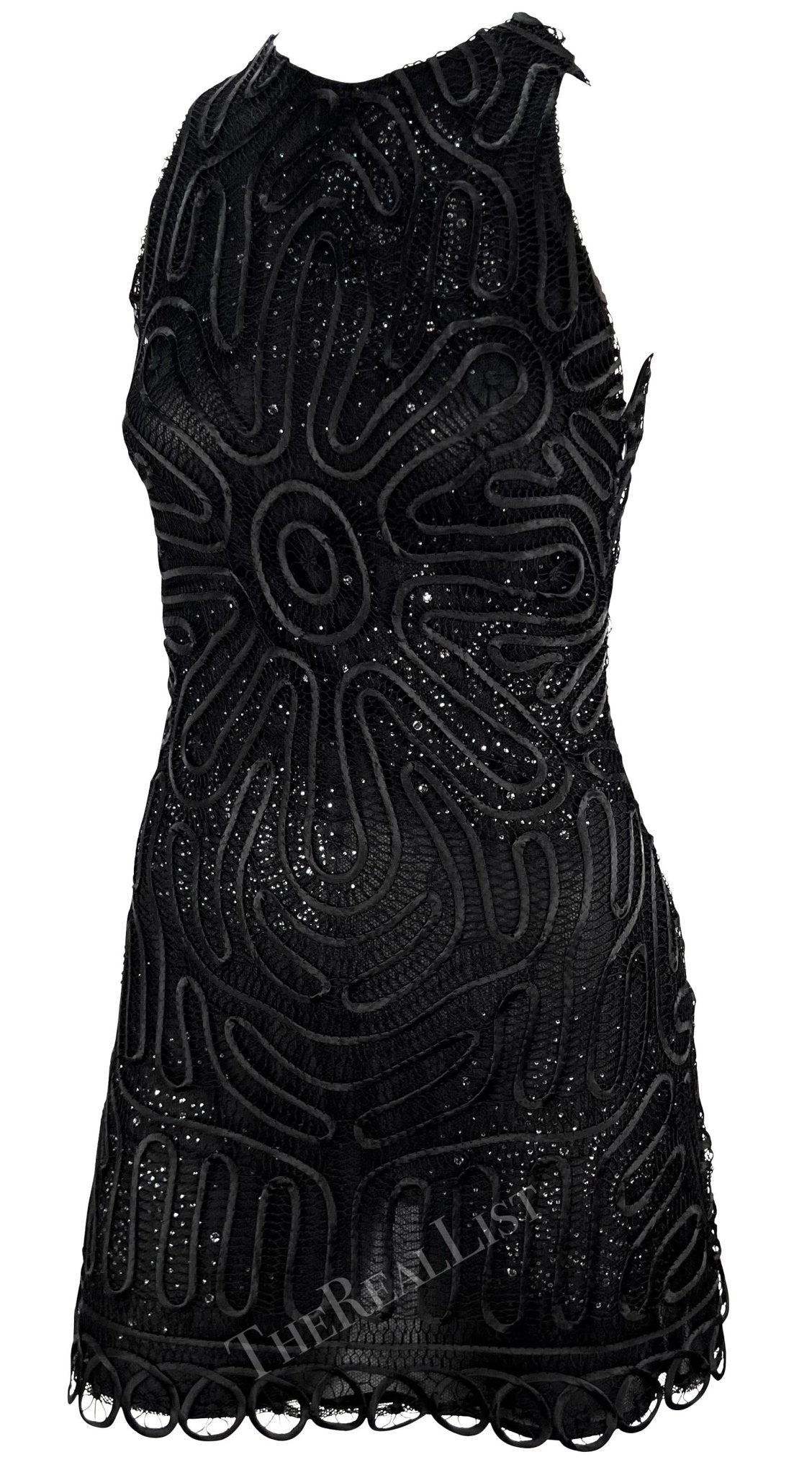 NWT S/S 2002 Gianni Versace by Donatella Sheer Rhinestone Lace Black Mini Dress - RealList
