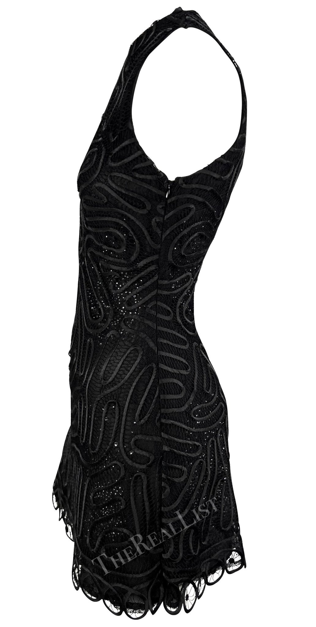 NWT S/S 2002 Gianni Versace by Donatella Sheer Rhinestone Lace Black Mini Dress - RealList