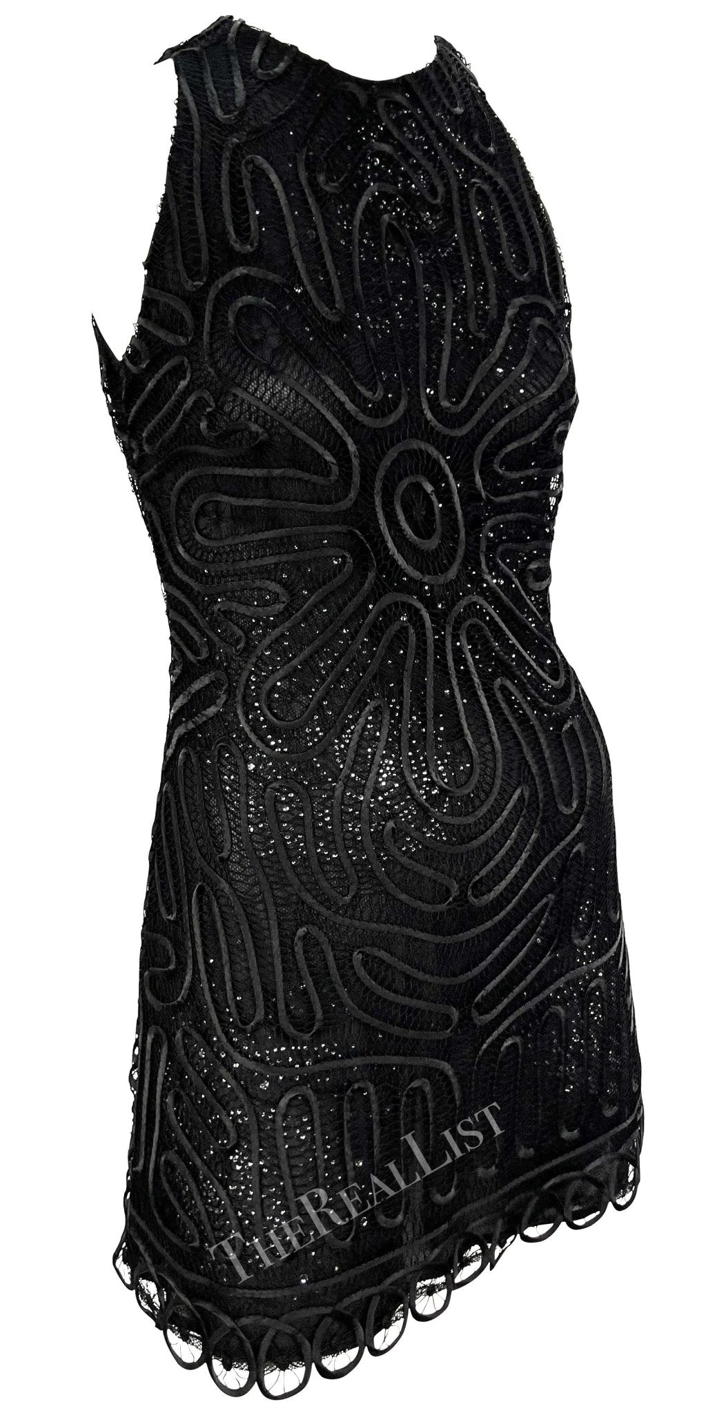 NWT S/S 2002 Gianni Versace by Donatella Sheer Rhinestone Lace Black Mini Dress - RealList