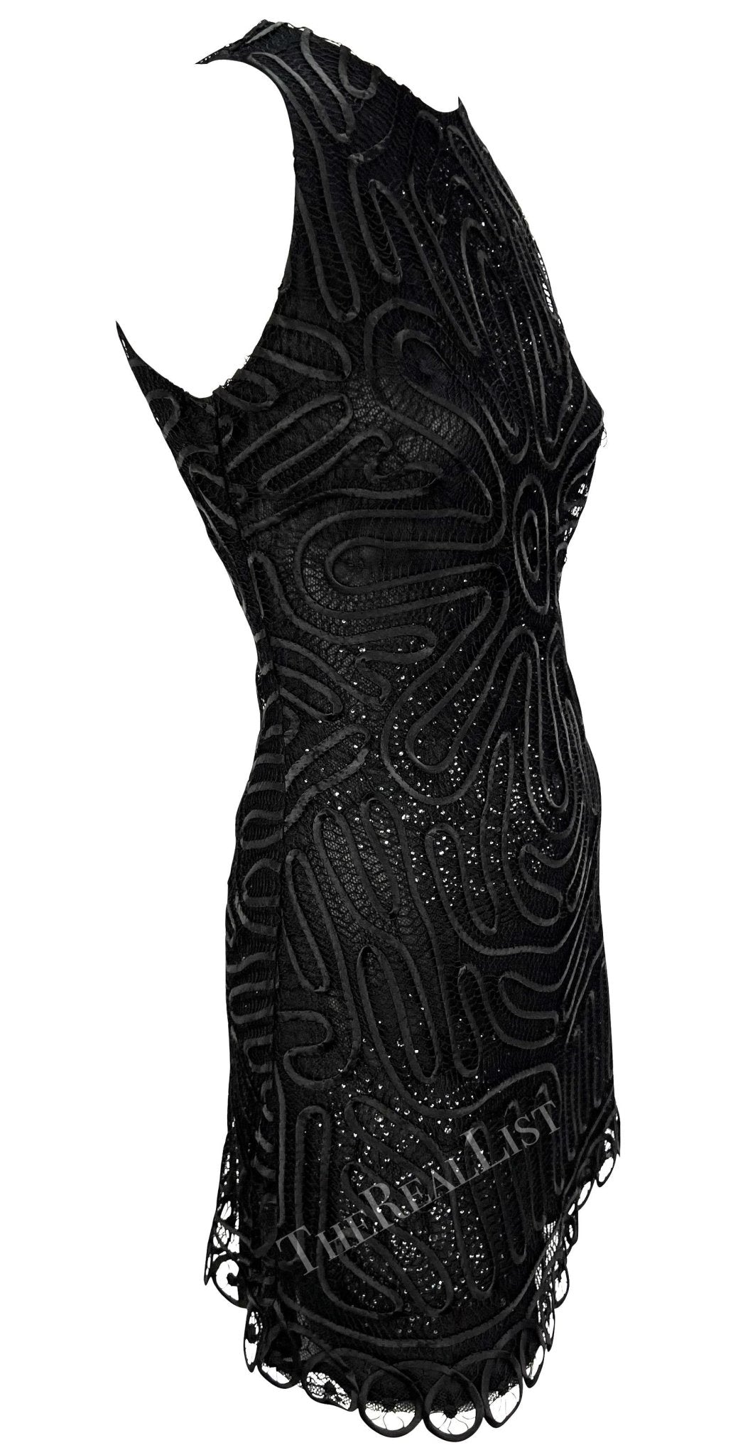 NWT S/S 2002 Gianni Versace by Donatella Sheer Rhinestone Lace Black Mini Dress - RealList