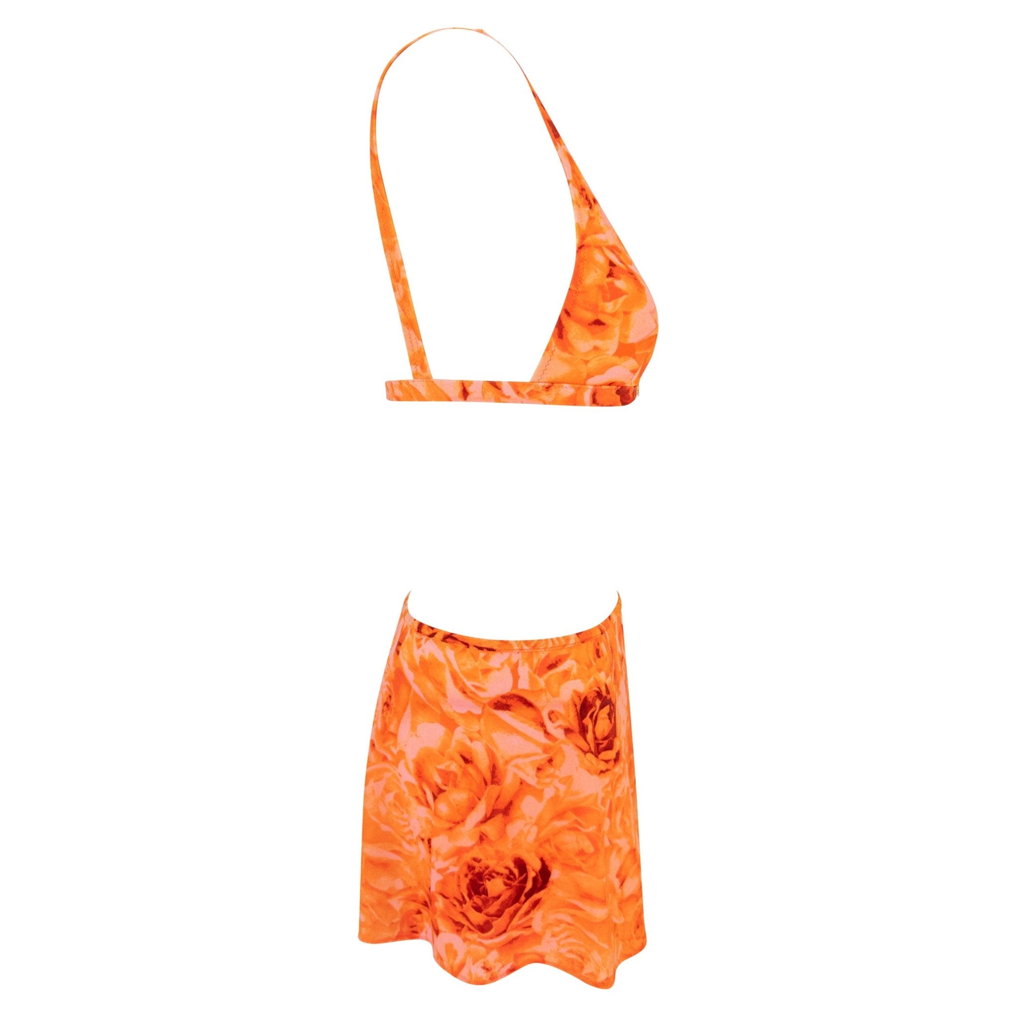 NWT S/S 2002 Versace by Donatella Neon Orange Floral Print Bikini Wrap Skirt Set - RealList