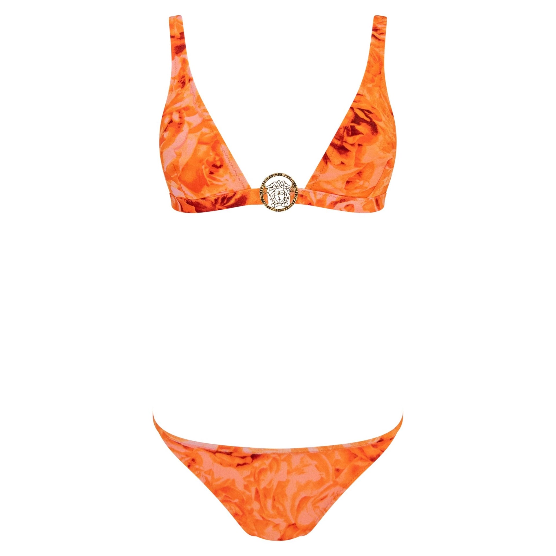 NWT S/S 2002 Versace by Donatella Neon Orange Floral Print Bikini Wrap Skirt Set - RealList