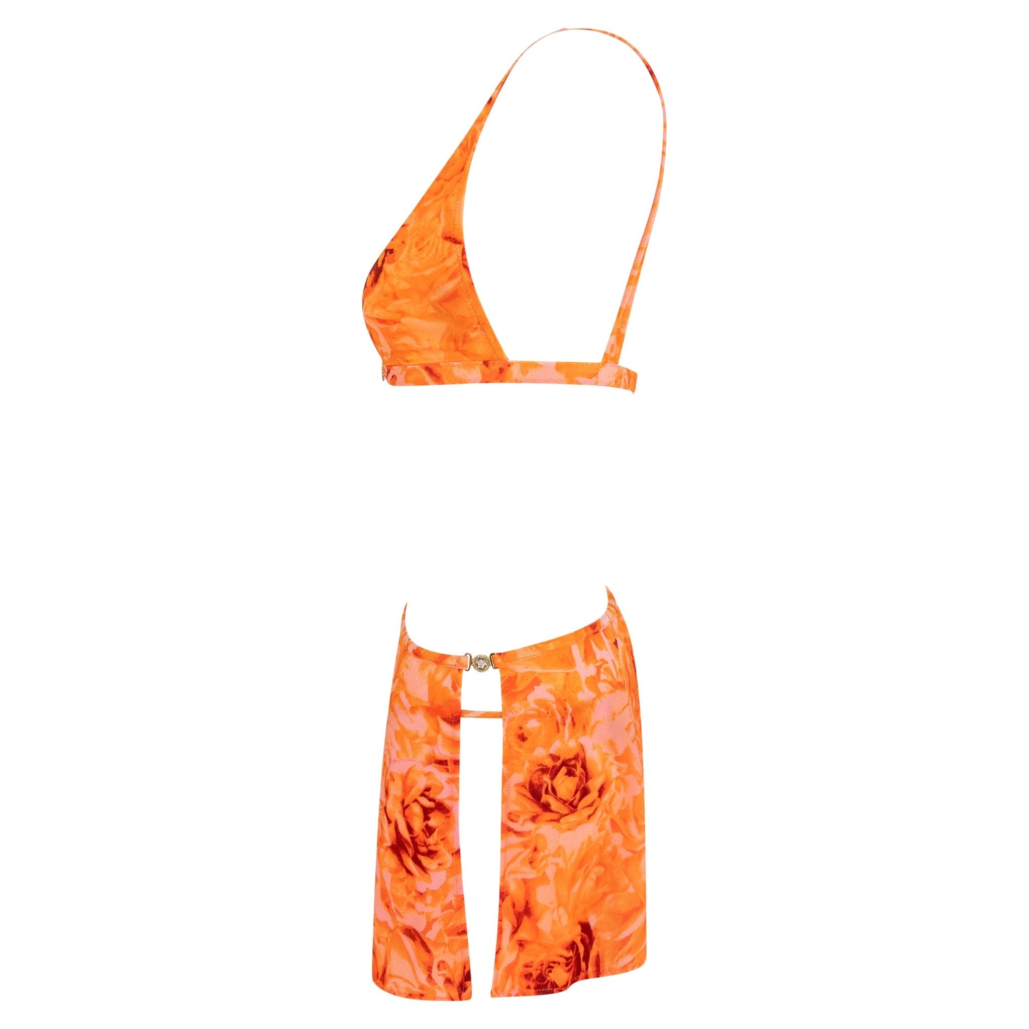 NWT S/S 2002 Versace by Donatella Neon Orange Floral Print Bikini Wrap Skirt Set - RealList