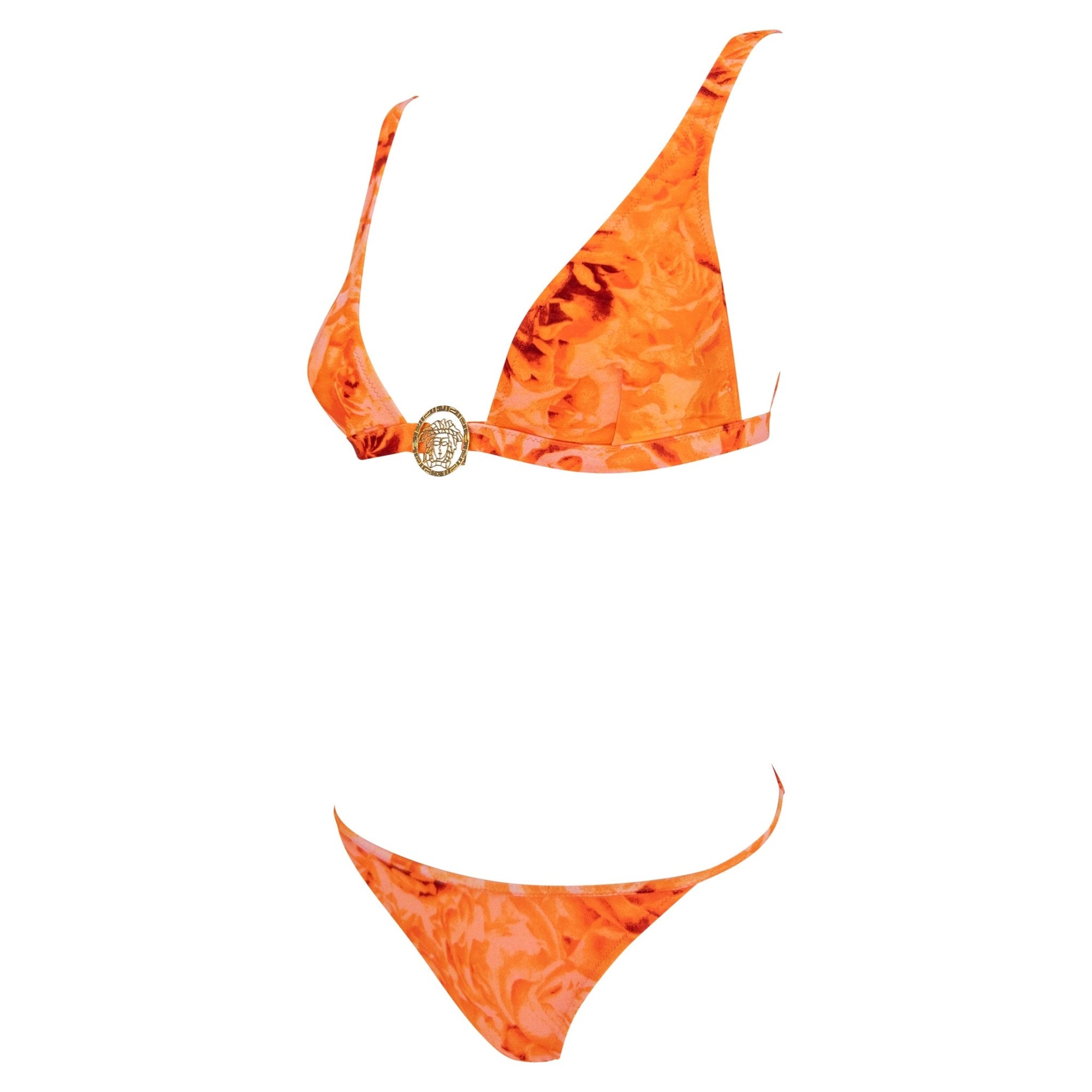NWT S/S 2002 Versace by Donatella Neon Orange Floral Print Bikini Wrap Skirt Set - RealList