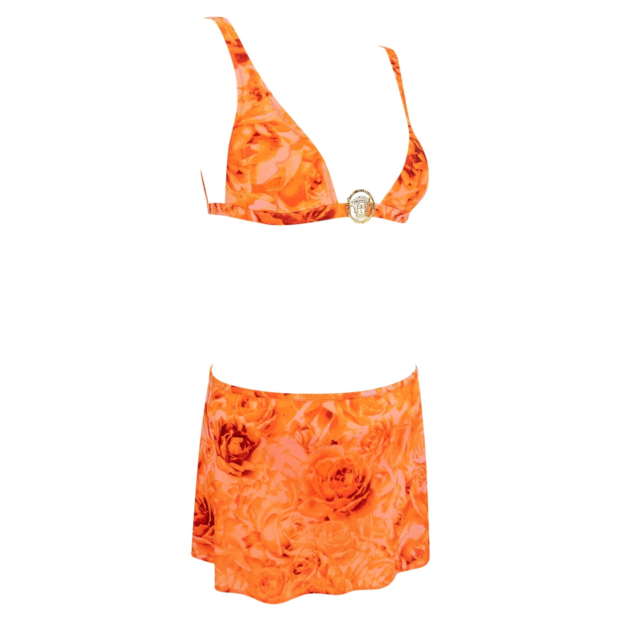 NWT S/S 2002 Versace by Donatella Neon Orange Floral Print Bikini Wrap Skirt Set - RealList