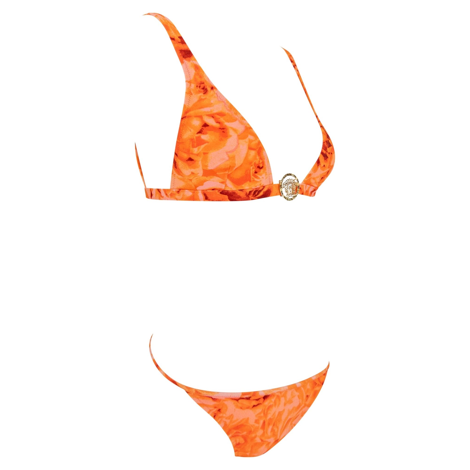 NWT S/S 2002 Versace by Donatella Neon Orange Floral Print Bikini Wrap Skirt Set - RealList