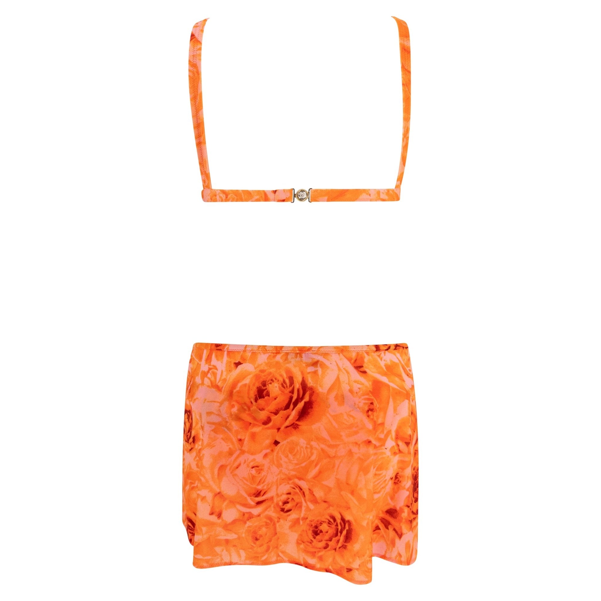 NWT S/S 2002 Versace by Donatella Neon Orange Floral Print Bikini Wrap Skirt Set - RealList