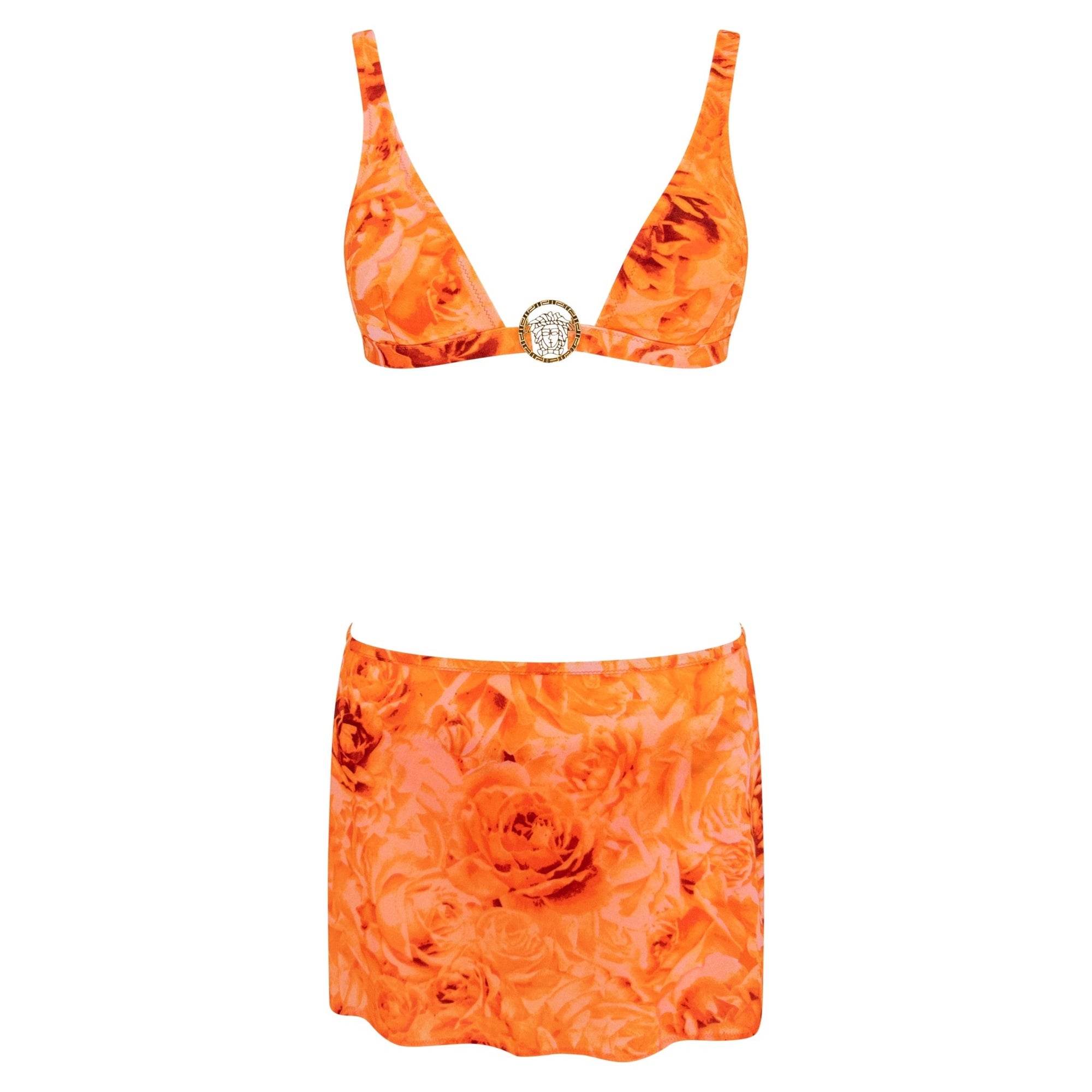 NWT S/S 2002 Versace by Donatella Neon Orange Floral Print Bikini Wrap Skirt Set - RealList