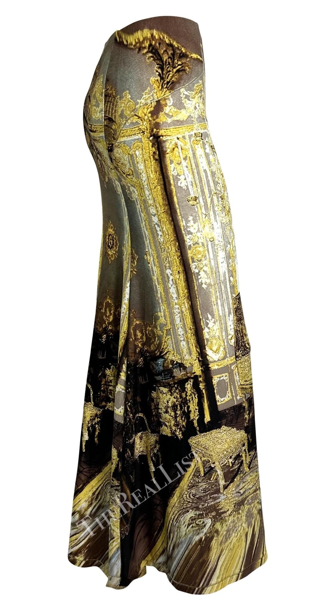 NWT S/S 2003 Roberto Cavalli Baroque Print Gold Glitter Maxi Flare Bodycon Skirt - RealList