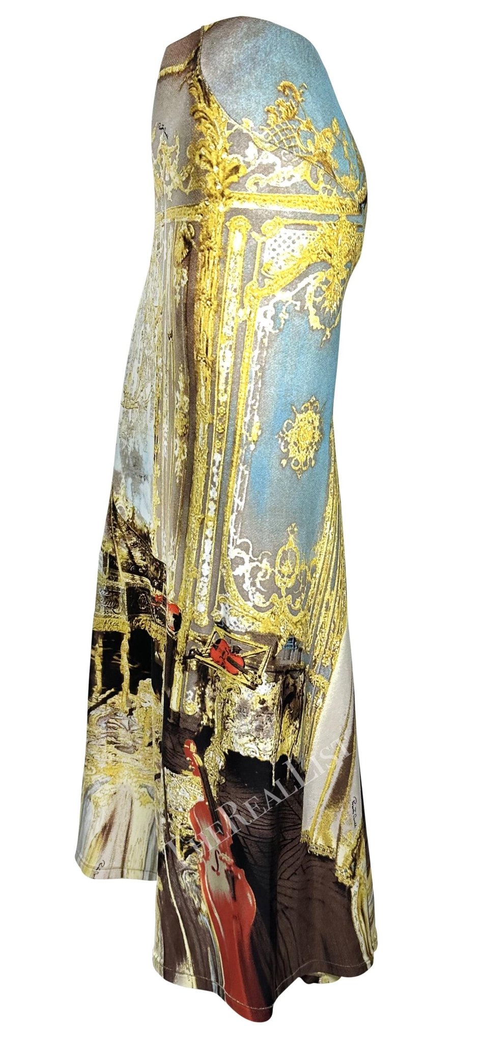 NWT S/S 2003 Roberto Cavalli Baroque Print Gold Glitter Maxi Flare Bodycon Skirt - RealList