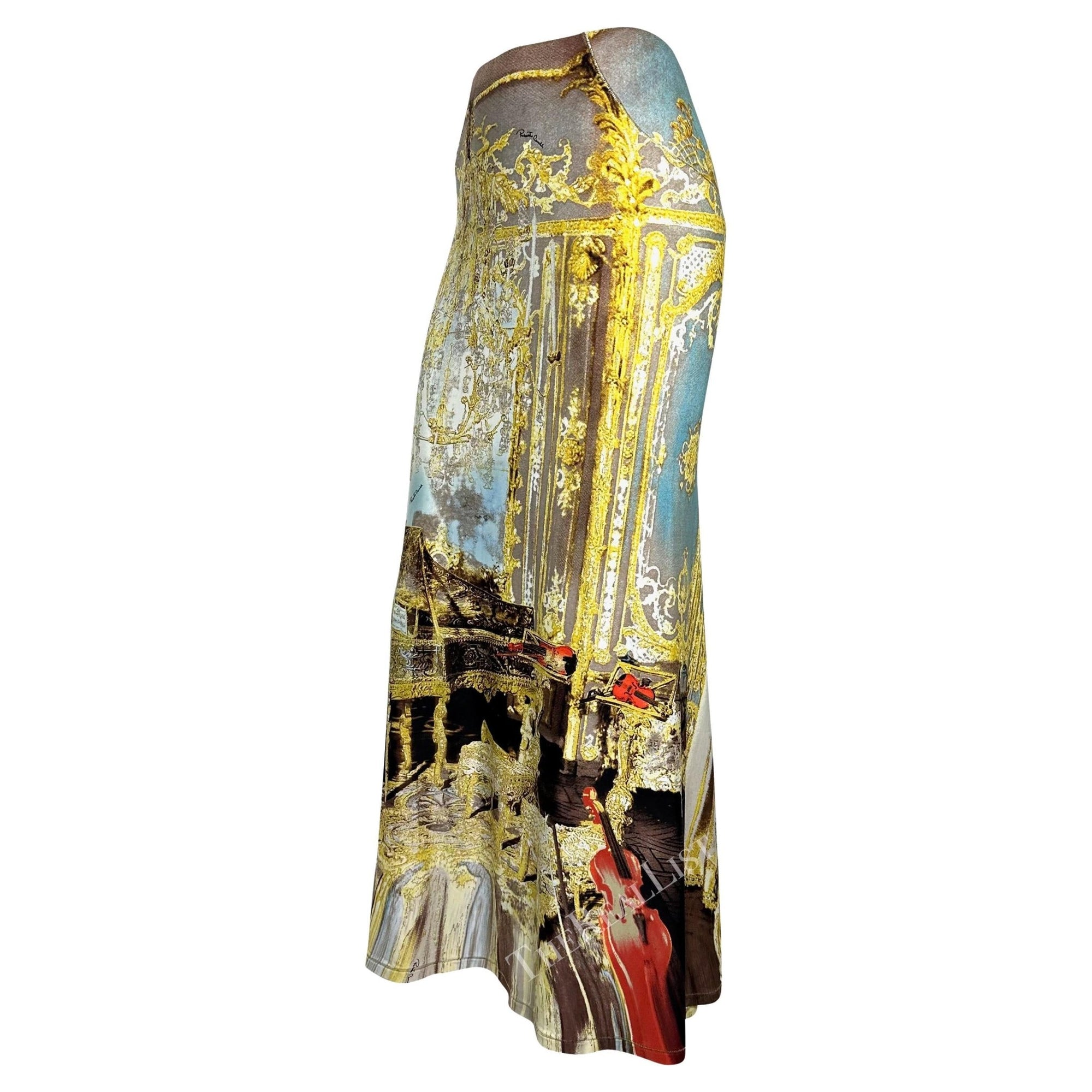 NWT S/S 2003 Roberto Cavalli Baroque Print Gold Glitter Maxi Flare Bodycon Skirt - RealList