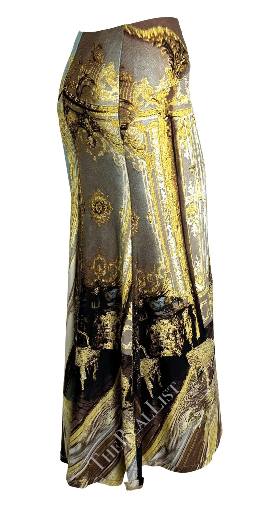 NWT S/S 2003 Roberto Cavalli Baroque Print Gold Glitter Maxi Flare Bodycon Skirt - RealList