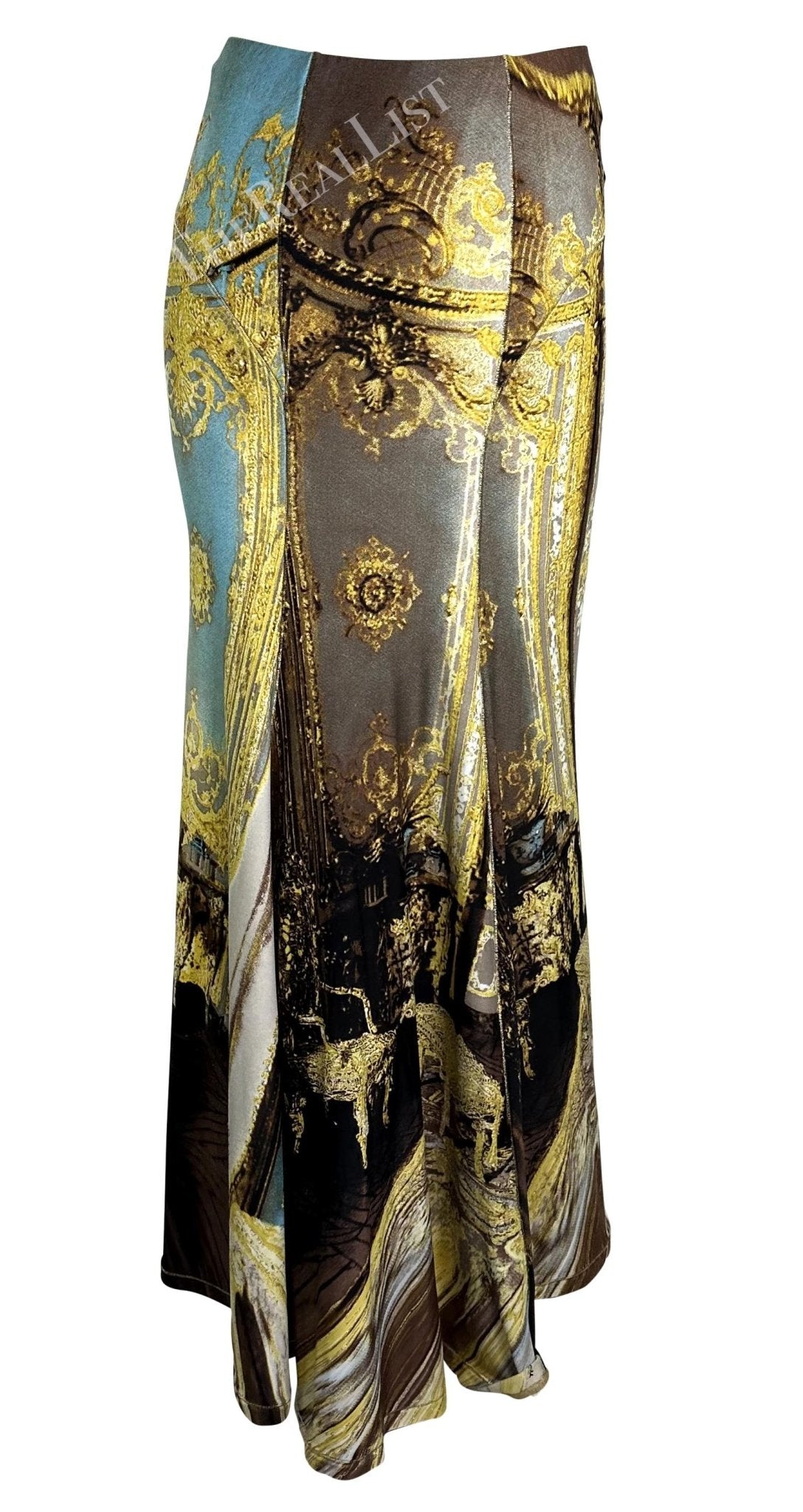NWT S/S 2003 Roberto Cavalli Baroque Print Gold Glitter Maxi Flare Bodycon Skirt - RealList