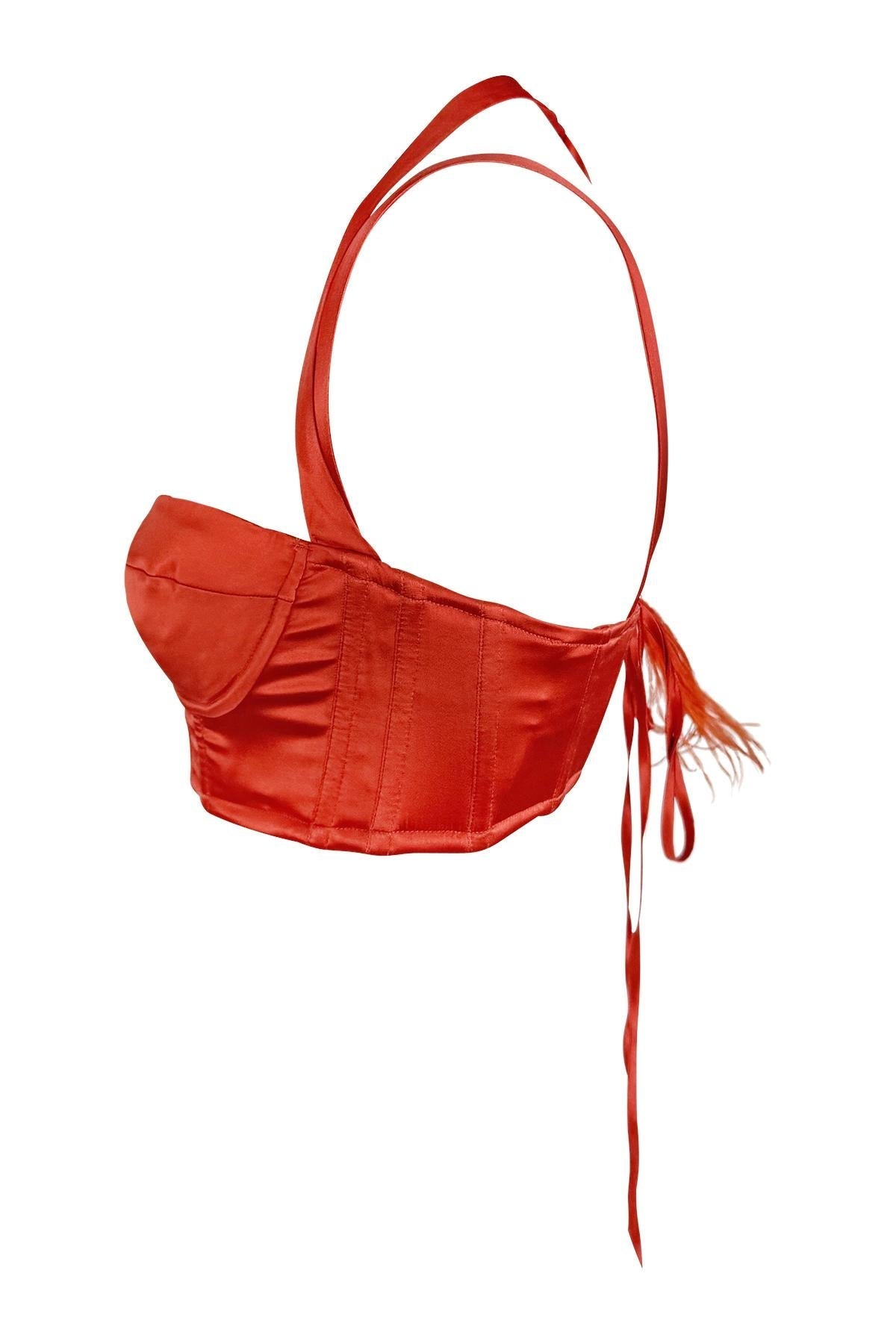 NWT S/S 2004 Roberto Cavalli Red Orange Satin Corset Bustier Ribbon Crop Top - RealList