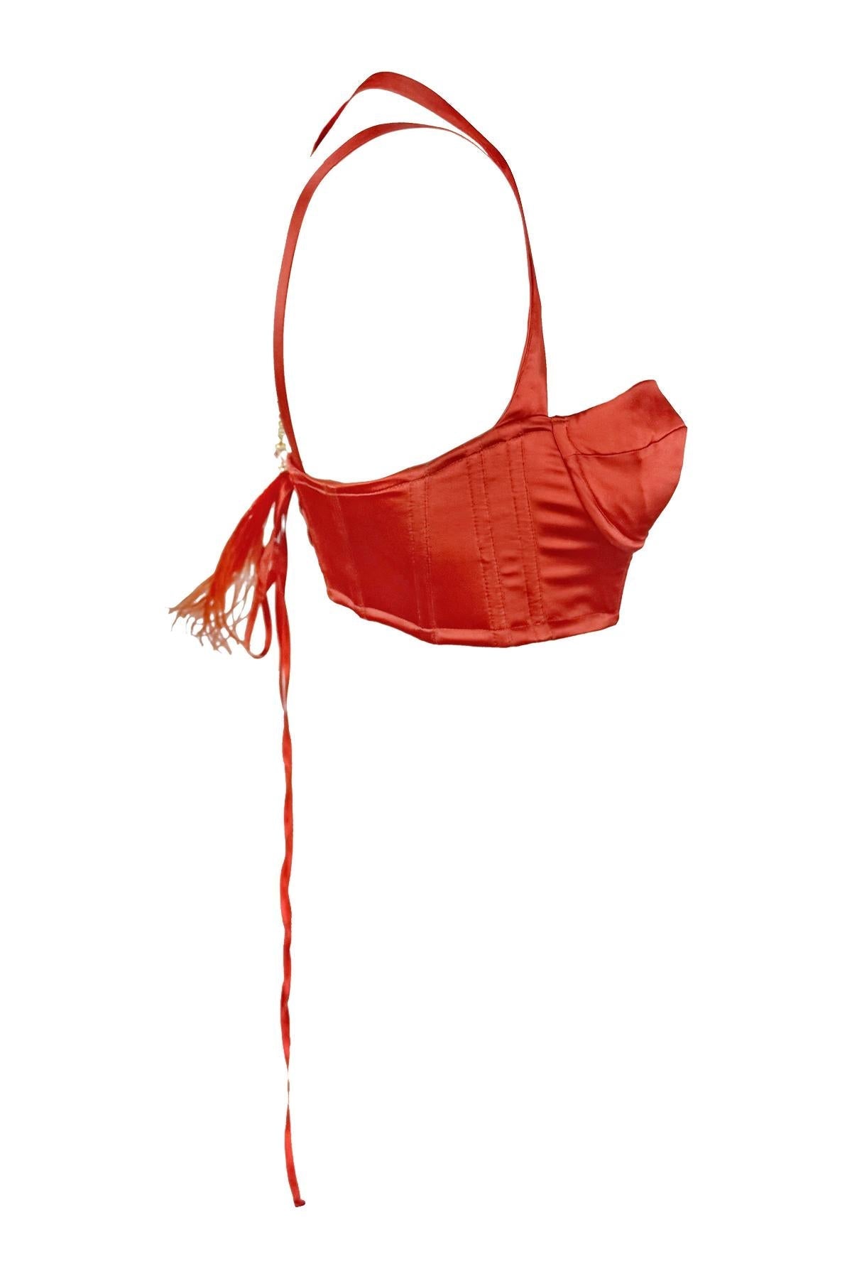 NWT S/S 2004 Roberto Cavalli Red Orange Satin Corset Bustier Ribbon Crop Top - RealList