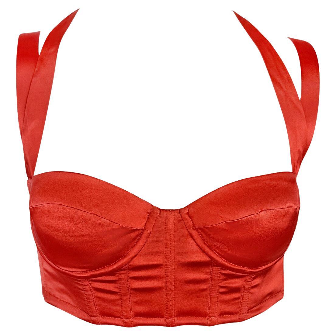 NWT S/S 2004 Roberto Cavalli Red Orange Satin Corset Bustier Ribbon Crop Top - RealList