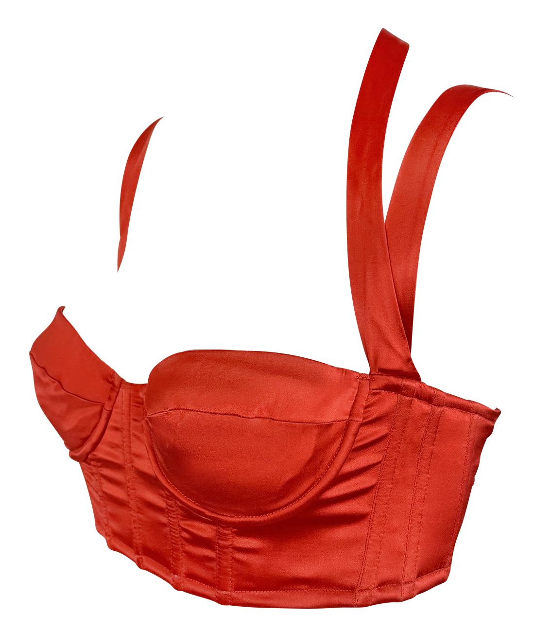 NWT S/S 2004 Roberto Cavalli Red Orange Satin Corset Bustier Ribbon Crop Top - RealList