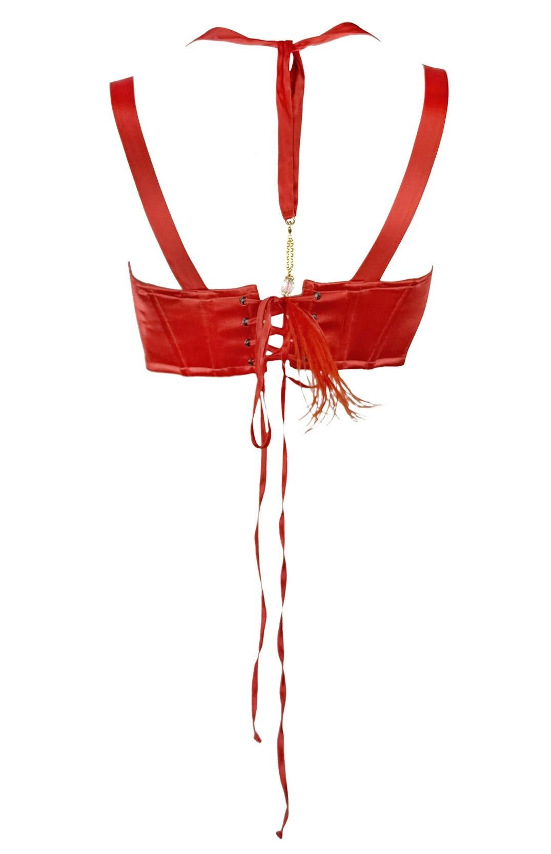 NWT S/S 2004 Roberto Cavalli Red Orange Satin Corset Bustier Ribbon Crop Top - RealList