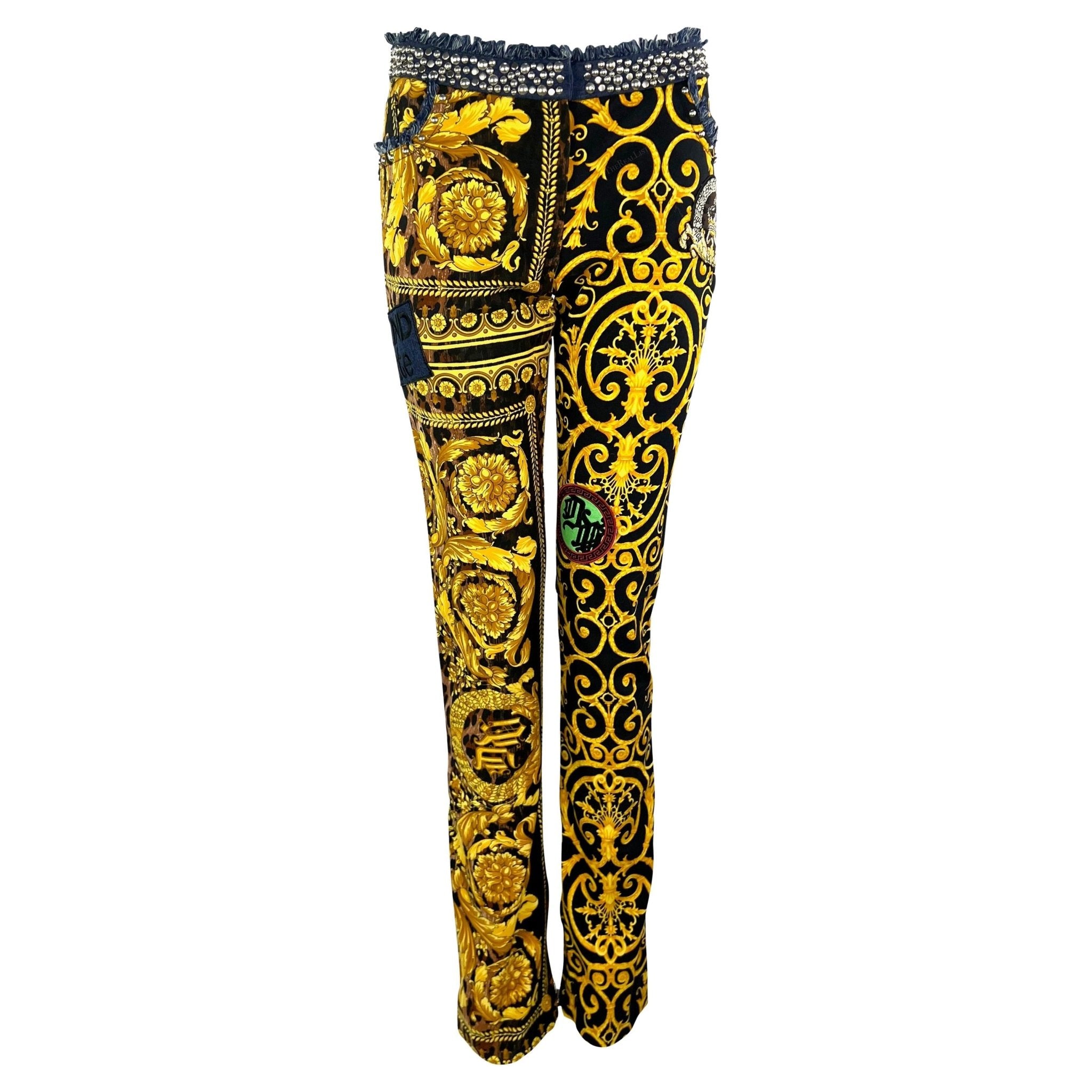 NWT S/S 2005 Versace by Donatella Baroque Print 'Chaos Couture' Studded Jeans - RealList