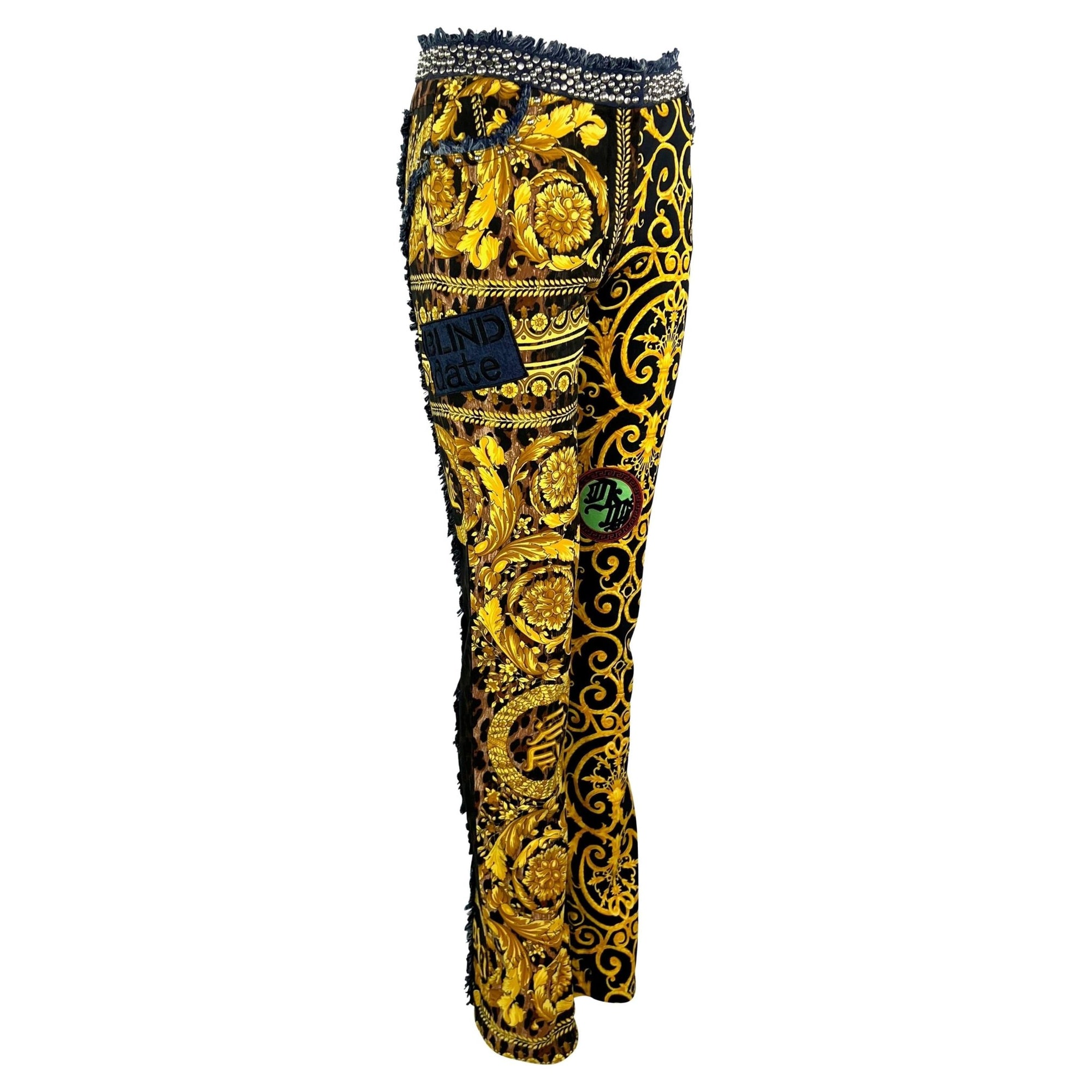 NWT S/S 2005 Versace by Donatella Baroque Print 'Chaos Couture' Studded Jeans - RealList