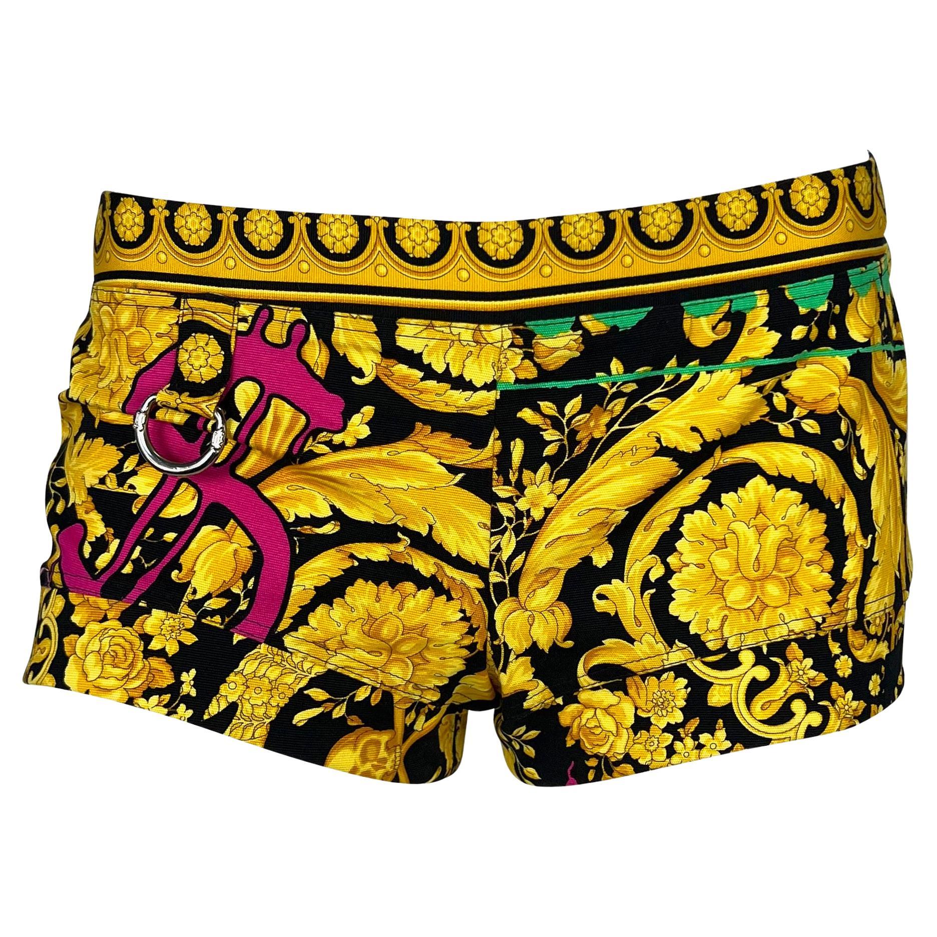 NWT S/S 2005 Versace by Donatella Chaos Couture Baroque Print Gold Mini Shorts - RealList